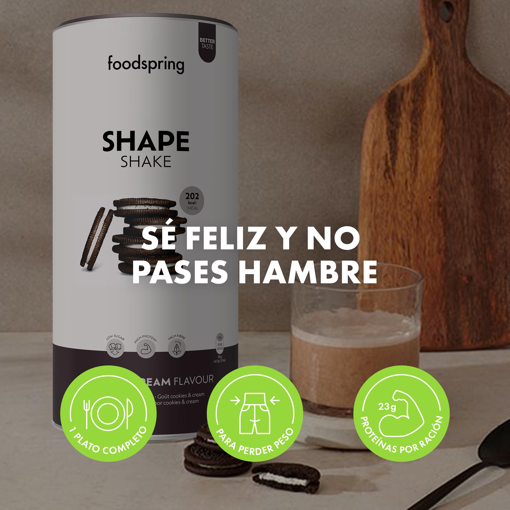 foodspring Shape Shake - batido completo, sustitutivo de comida con proteína premium para controlar el peso, 202 kcal por ración, sin gluten - 900g