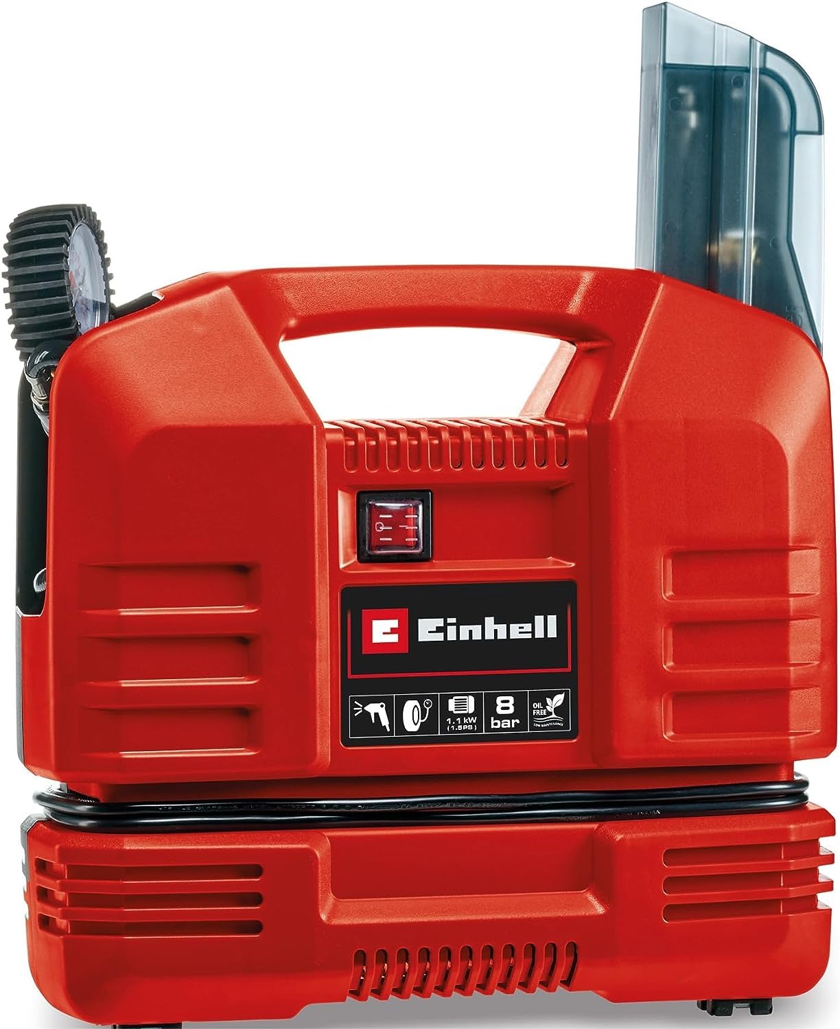 Einhell TC-AC 190 OF Set Compressore Portatile Senza Serbatoio (220-240 V, 1100 W, Max 8 Bar, Aria Max 165 L/min., Autolubrificato, Incl. Pistola Soffiaggio, Tubo 3m, Manometro, Set 3 Adattatori)