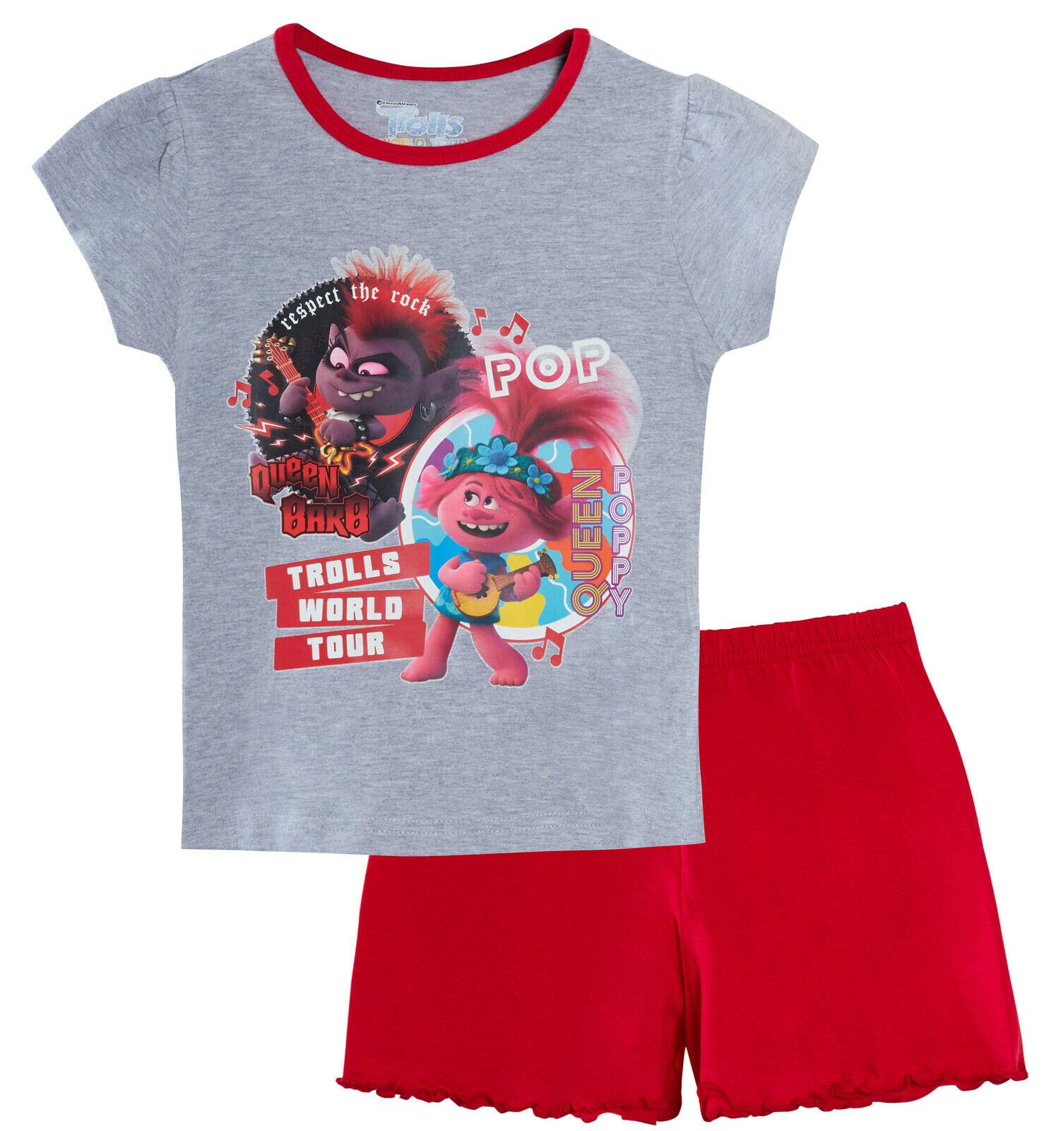 Tdp Girls Red Trolls Shorts Pyjamas 4 To 10 Years Grey Trolls World Tour Queen Poppy (4-5 Years)