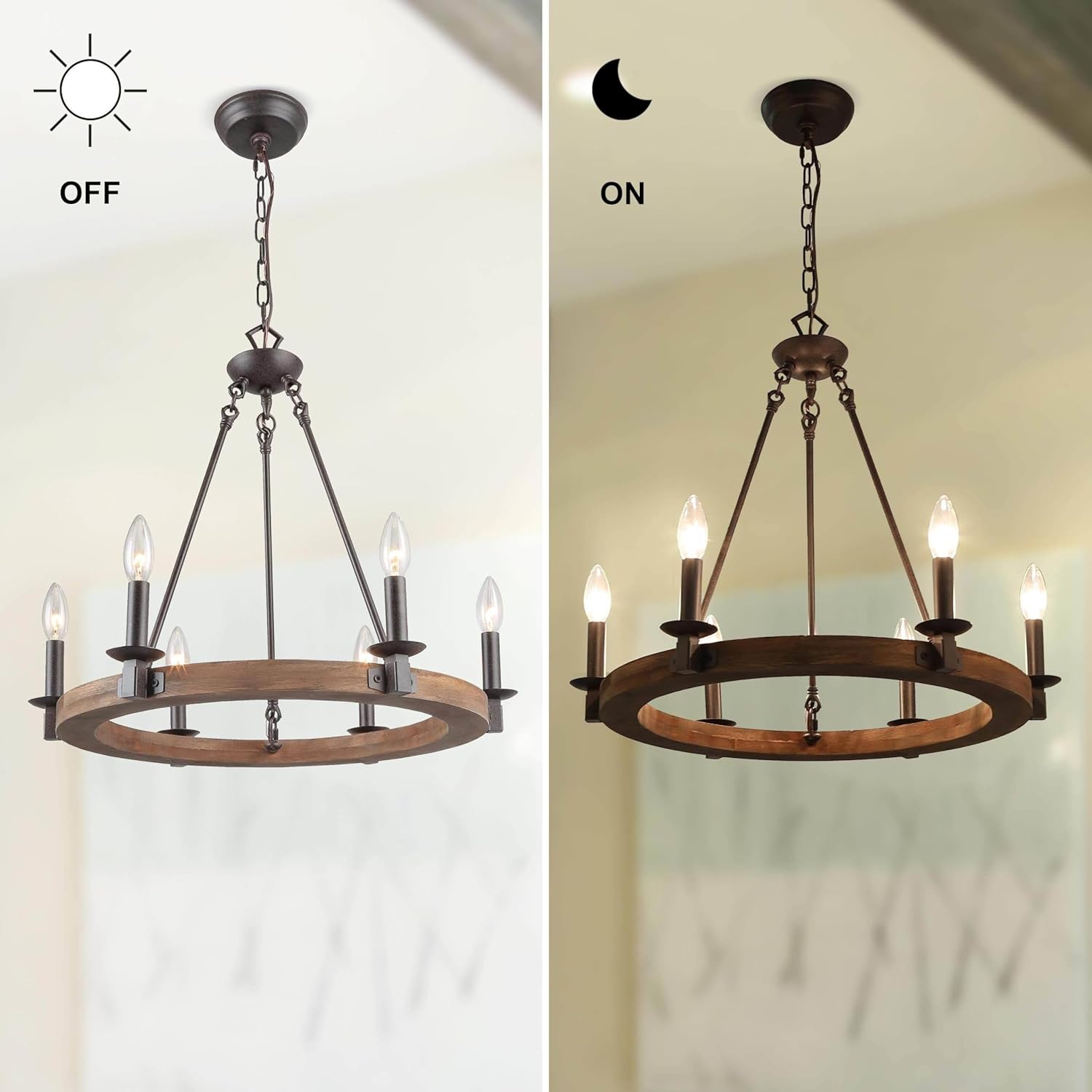 LALUZ Farmhouse Chandelier, Wood Wagon Wheel 6-Light Chandelier Light Fixture for Dining Room, Living Room, Bedroom, and Foyer