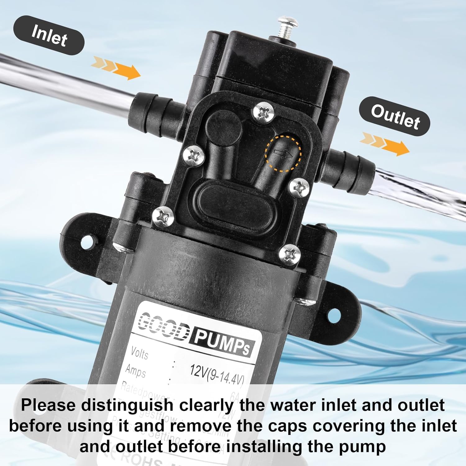 Pompe à eau haute pression DC 12V, Pompe à membrane auto amorçante, 70W 0,9MPa 4-6 L/min Pompe à eau à membrane haute pression à amorçage automatique pour camping car, bateau, jardin