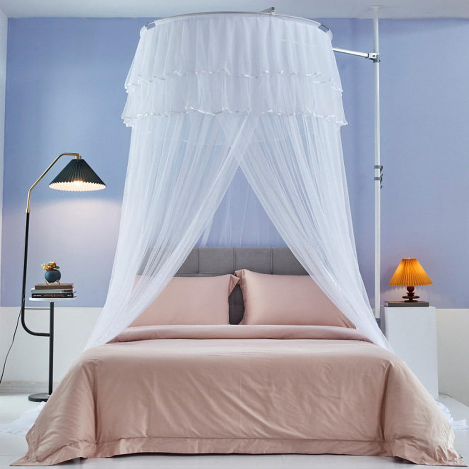 Baldaquin de Lit Luxueux pour Filles et Adultes, Rideau de Lit Princesse en Tulle Transparent, Moustiquaire Ronde en Forme de Dôme pour Décoration de Chambre à Coucher, White