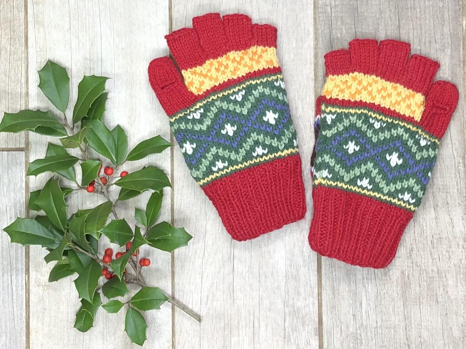 Hand Knit Alpaca Convertible Mitten Fingerless Glove Flip Cover Fair Isle Pattern Fleece Lined - Image 4