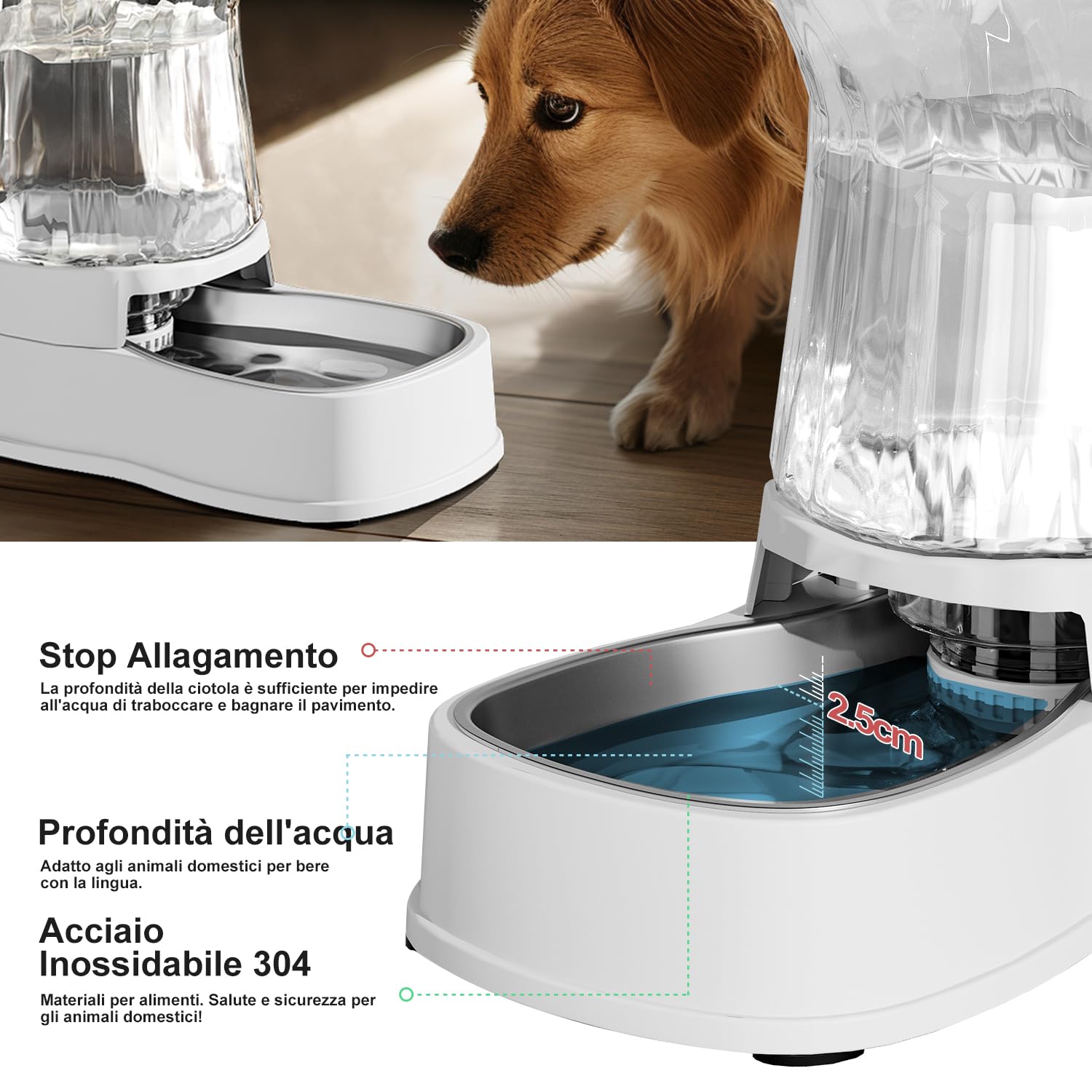 Gardner Pet 3.85L Dispenser Acqua Gatti, Dispenser Acqua Cani con Ciotola in Acciaio Inox, GravitÀ Abbeveratoio per Cani Non è Richiesta ElettricitÀ, Senza BPA, Bianco