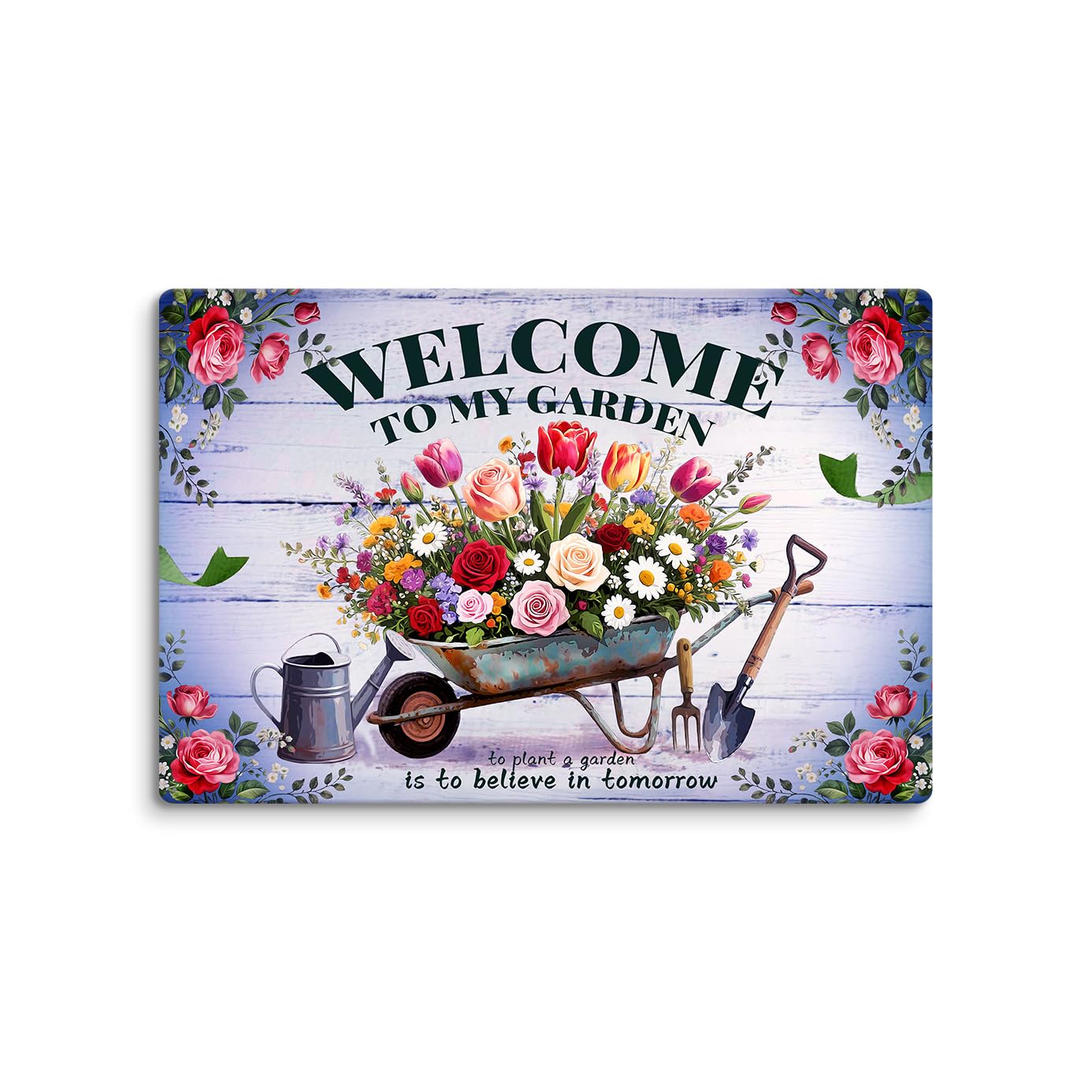 Kercan Garden Welcome Sign – Vintage Metal Tin Sign with Floral Wheelbarrow & Gardening Tools, Waterproof & Rust-Free 12x8 Wall Art for Outdoor, Porch, Yard Décor (Purple)