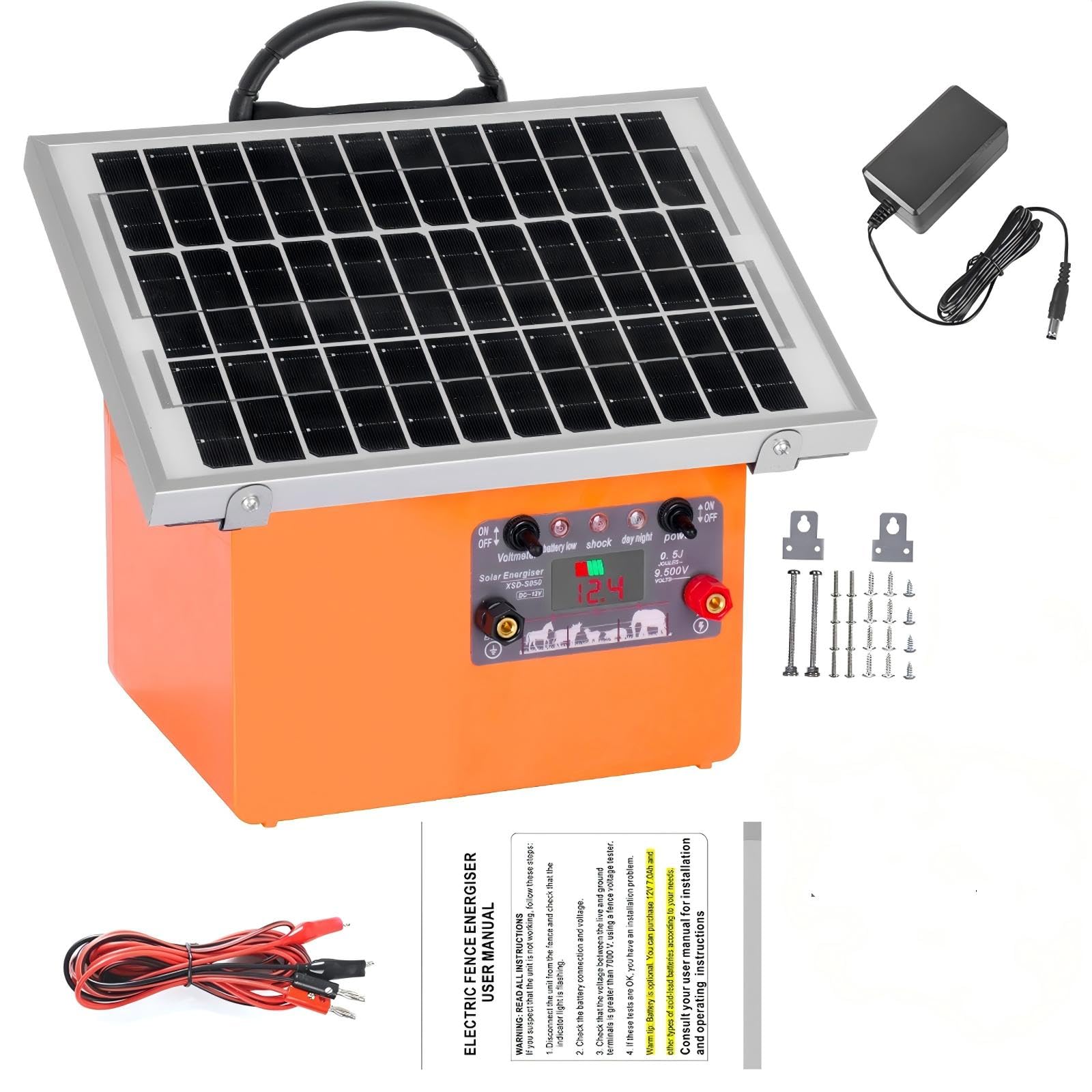 32KM Pastore Elettrico, 0.5 Joule/9.5 kV Recinto Elettrico Controllore di 12V con Pannello Solare da 7.5W Per Mucche, Bestiame, Allevamento Di Pollame, Pastore, Fattoria degli Animali Recinzione