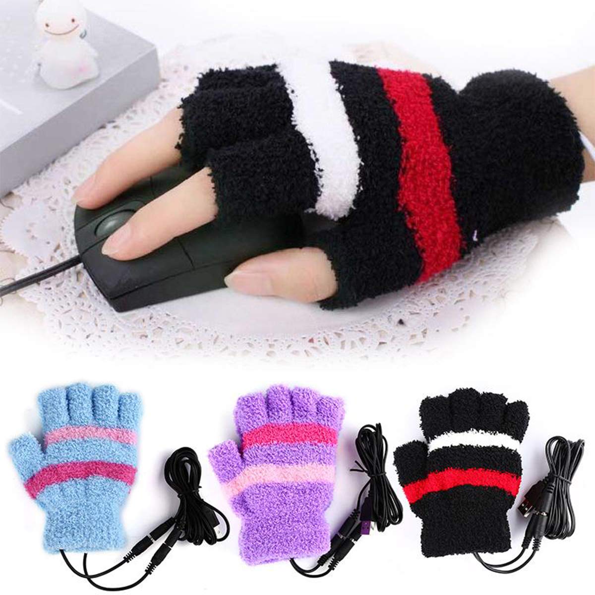 USB Heating Winter Gloves - Women's Hand Warm Gloves with USB Heater and Fingerless Warmer Mitten