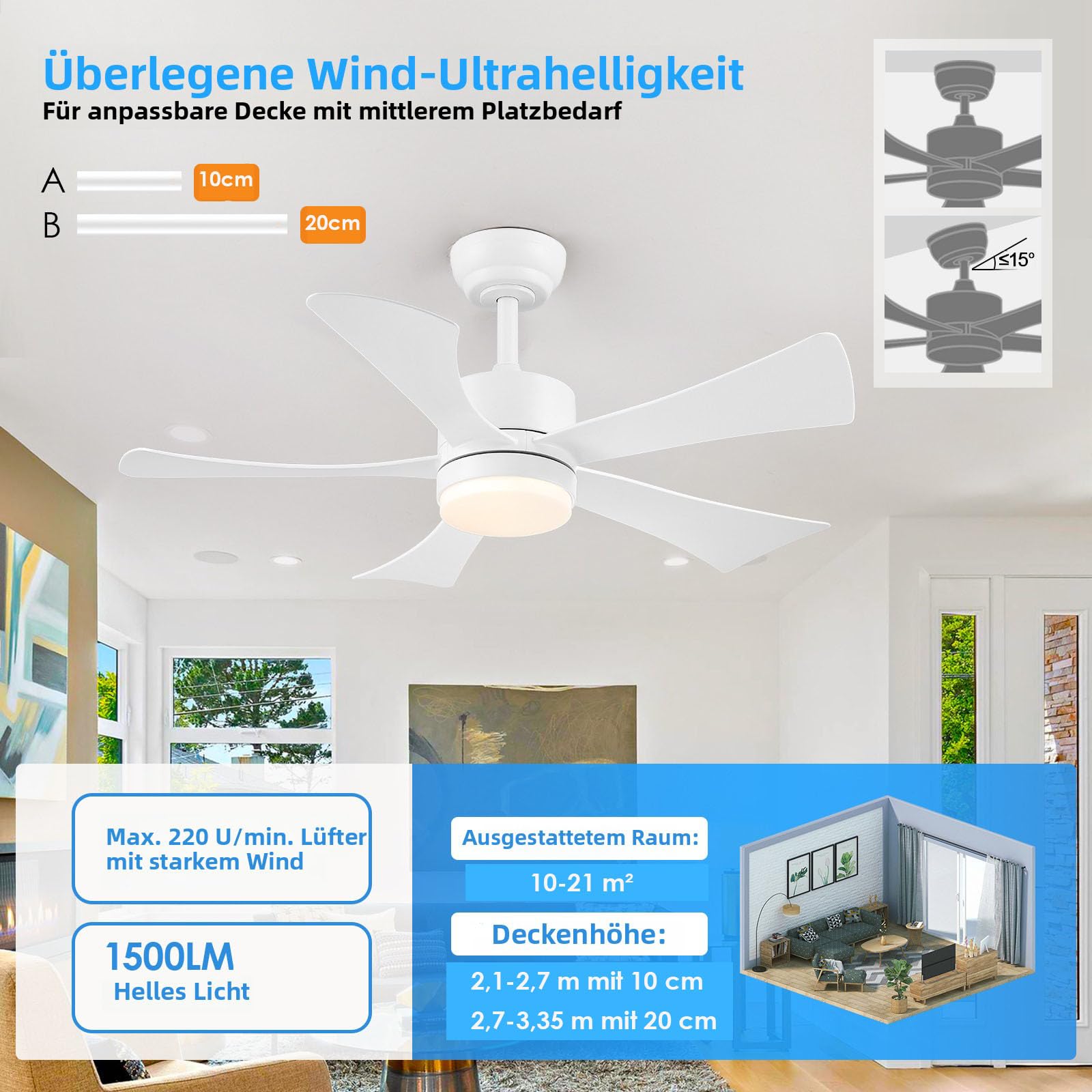 105 cm Deckenventilator mit Licht, Moderner Weißer Deckenventilator mit App-Fernbedienung, DC-Motor (leise), 3CCT dimmbare Beleuchtung mit Memoryfunktion, LED Deckenventilator für Schlafzimmer