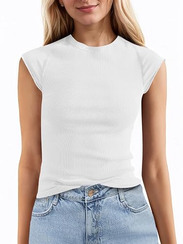 Tankaneo Womens Cap Sleeve Tops Crew Neck Ribbed Knit T