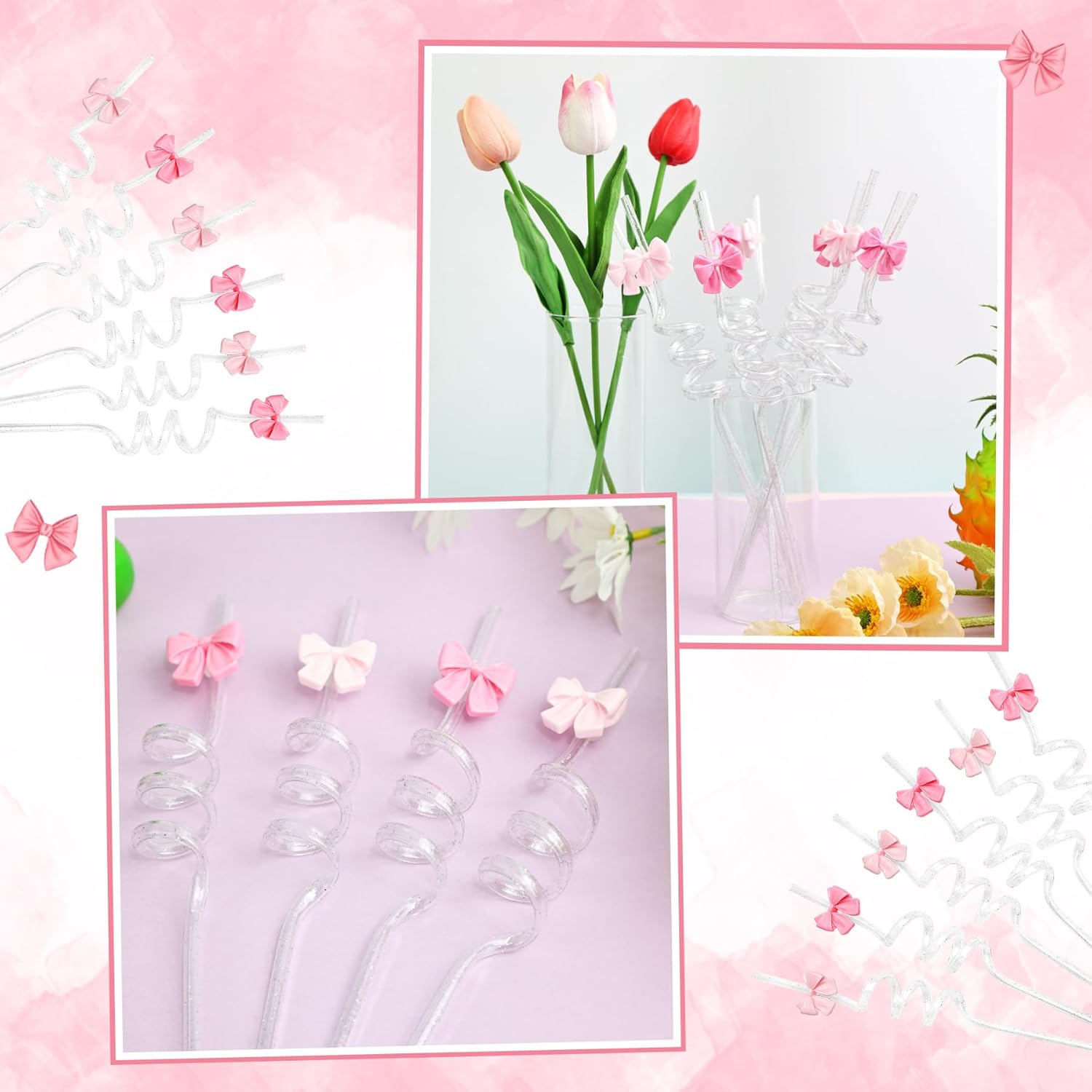 12Pcs Glitter Reusable Bow Plastic Straws Drinking Pink Bow Party Favors Straws, Bow Theme Birthday Party Bridal Engagement Drinkware Coquette Cute Party Supplies - Image 3
