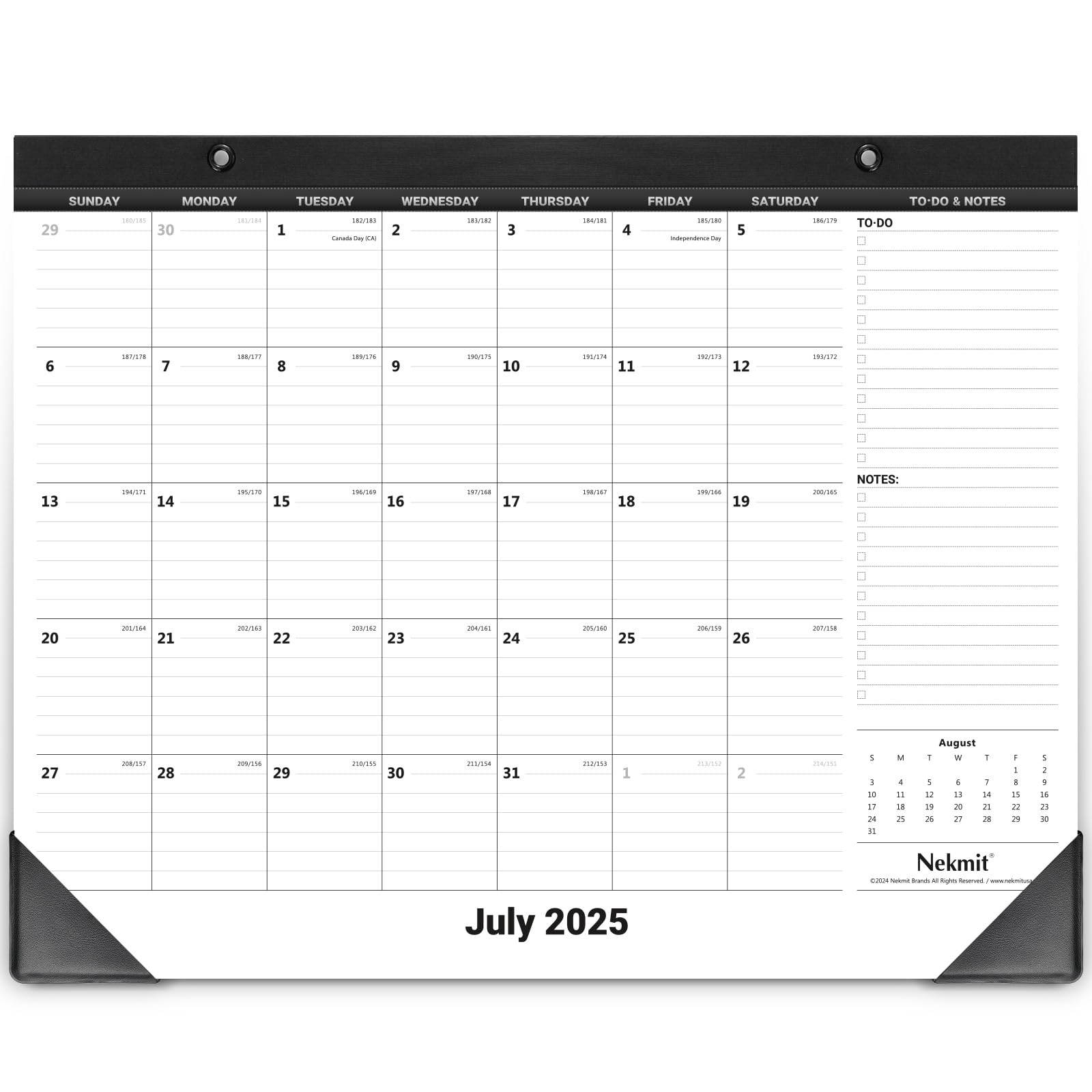Nekmit Desk Calendar 2025-2026, Yearly Monthly Desk Pad Calendar for Planning, Ruled Blocks, July 2025 - December 2026, 14" x 11", Black (White)