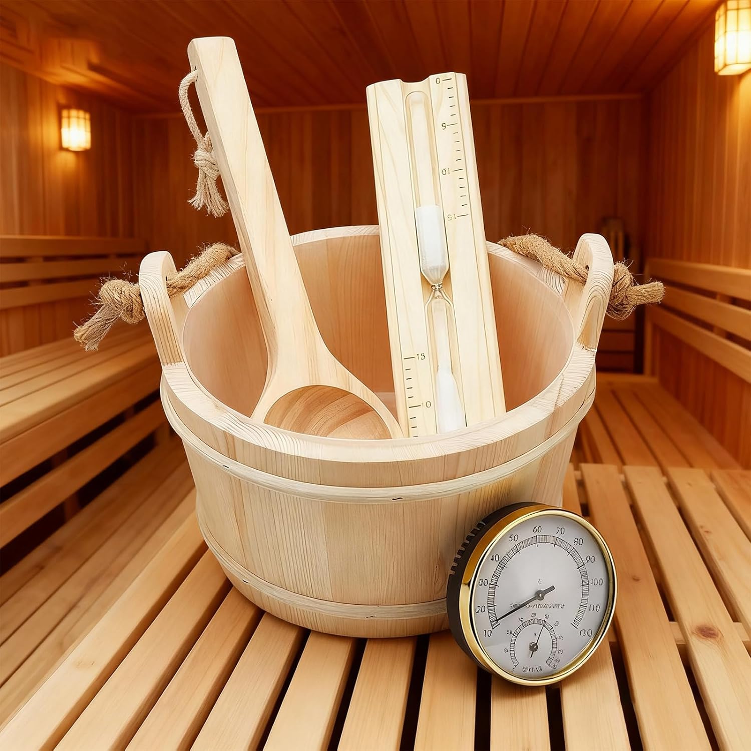 Sauna Accessories Set Wood Bucket Spoon with Long Handle Thermometers Hygrometer Hourglasses Timer Enduring Wood Bucket Spoon with Handle
