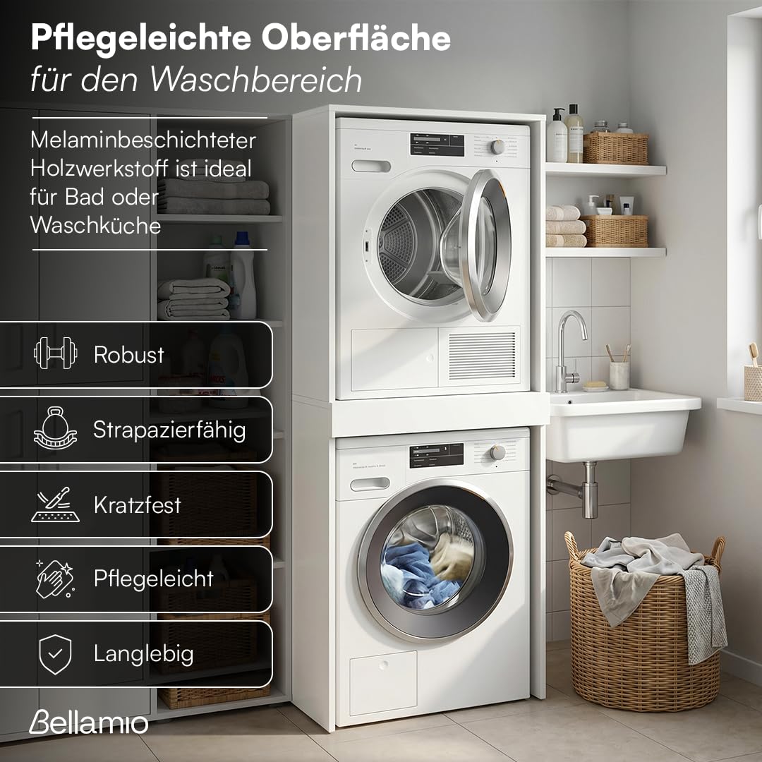 Bellamio Vist Waschmaschine Trockner Schrank – Waschmaschinenschrank mit ausziehbarer Ablagefläche – Waschturm Hochschrank 187x65x66cm mit Wandanschluss – Schrank kompatibel mit Standardgeräten – Weiß