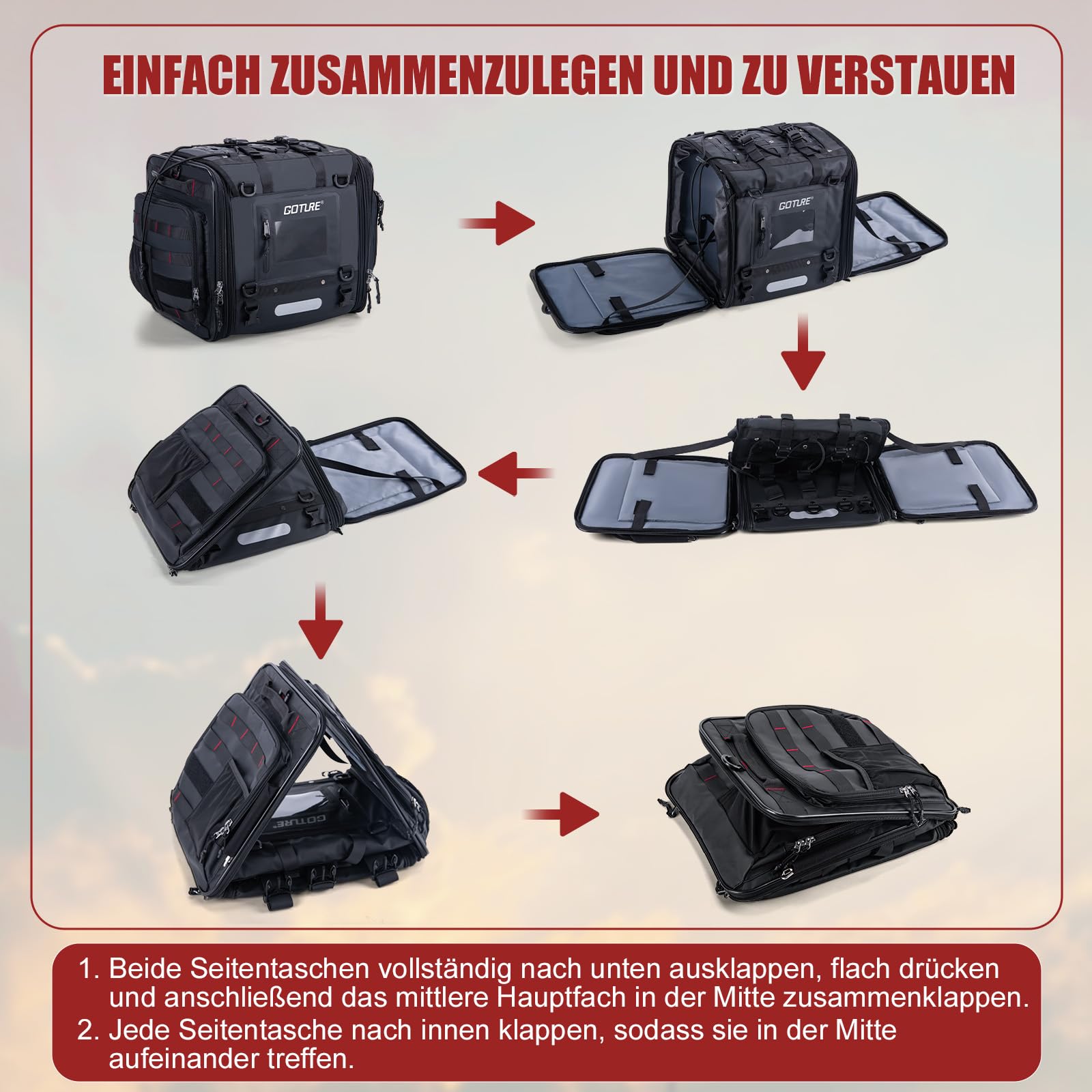 Goture Motorrad Hecktasche 50-70L Erweiterbar Wasserdicht 1000D Cordura | Formstabile Motorradtasche mit rutschfestem Boden für Touring, Reise & Camping - robust, langlebig & einfach zu montieren
