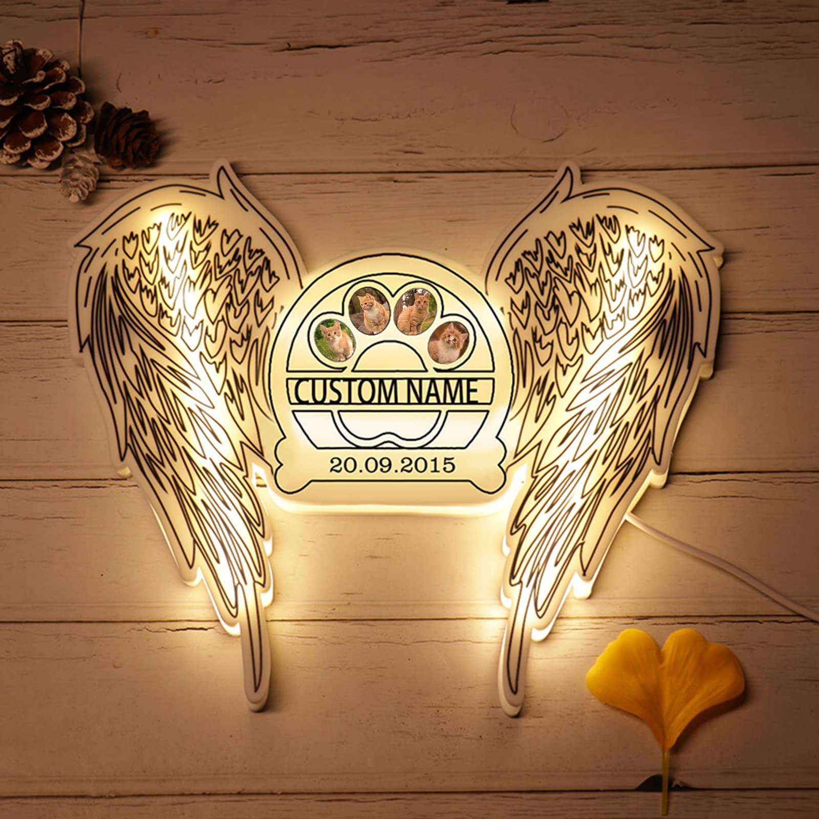 Ozinna Personalized Dog Paw Night Lights Custom Photo Dog Lamp Acrylic Board Nightlight Decor Pet Memorial Gifts for Pet Dog Lover (Angel Wing)