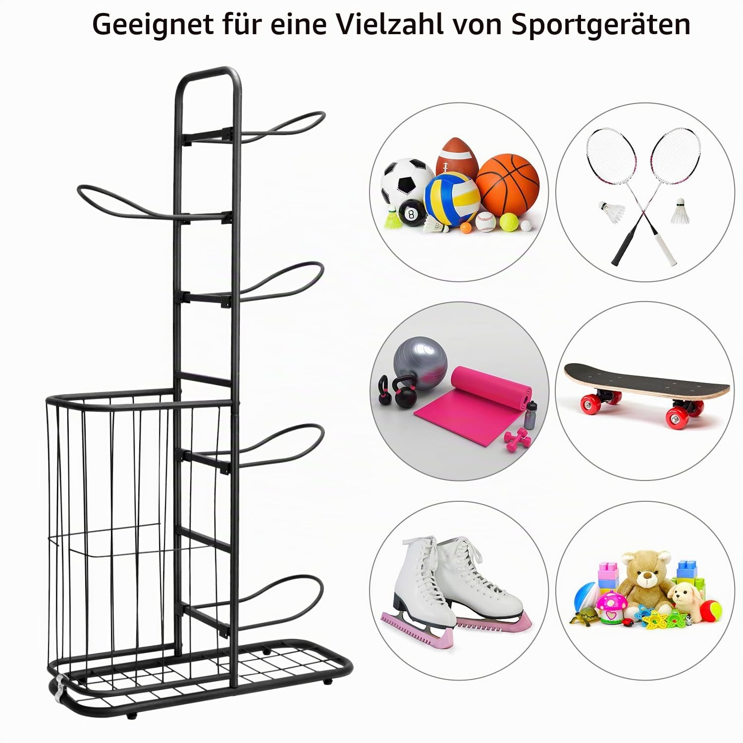QWORK® Basketball Aufbewahrungsregal, Ballständer mit 5 Ball Ständer und Körben, Organizer Für Sportgeräte, 116 * 23.5 * 58cm