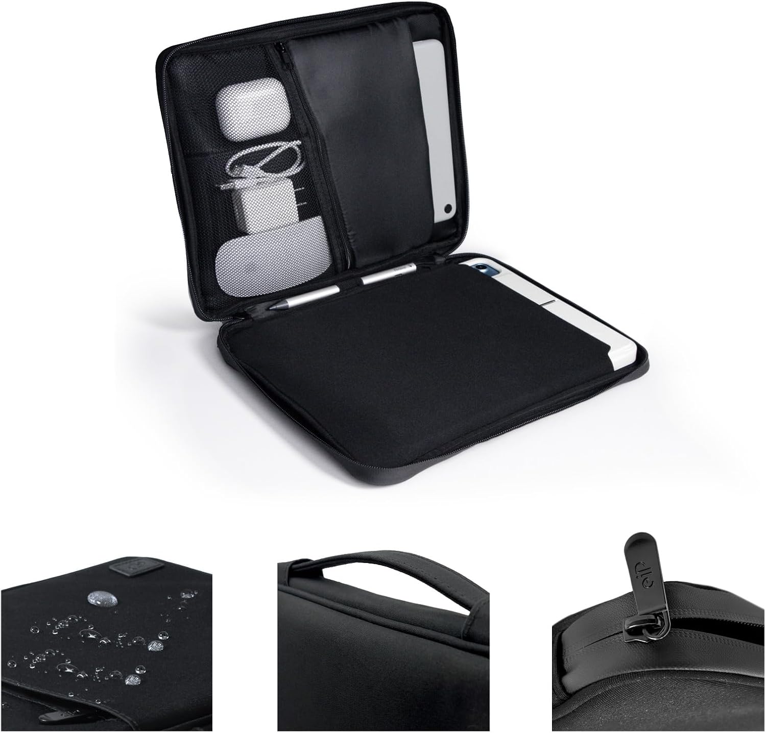 eiP 13 inch Waterproof Slim Tablet Carring Case, Handle Sleeve Bag for iPad Pro M4 13 Inch, iPad Air 13 Inch, iPad Pro 12.9", MacBook Air 13", Fit Keyboard and Pen, Black