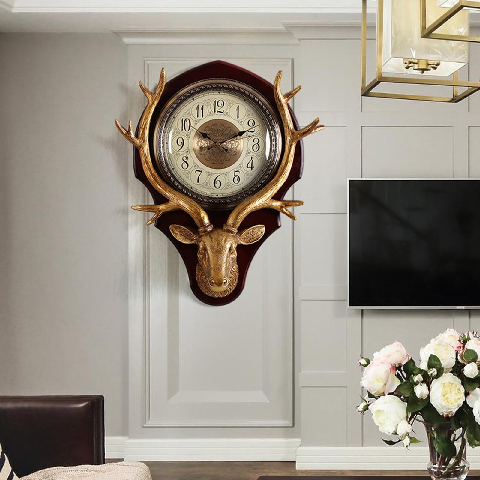 ITOSUI Vintage Stag Wall Clock,Silent Non-Ticking Decorative Wall Clock,Easy to Read,Luxury Wall Art,for Living Room,Entryway and Home Decor,Battery Operated(23 * 28.3in)
