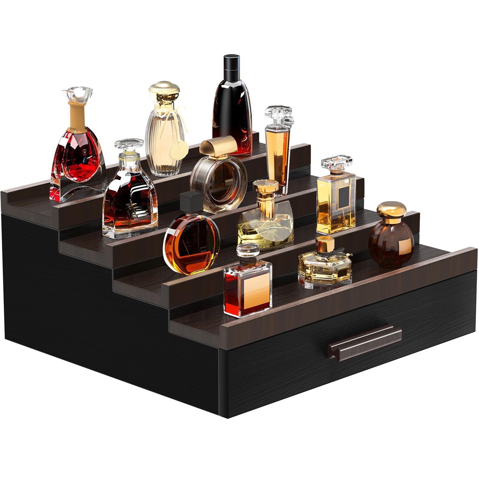 Zalida Wooden Cologne Organizer for Men 4 Tier of Perfume Display Holder of Drawer & 2 Hidden Compartments Larger Storage Space Mens Perfume Organizer Shelf Stand,Gift for Man (4T-Black Brown)