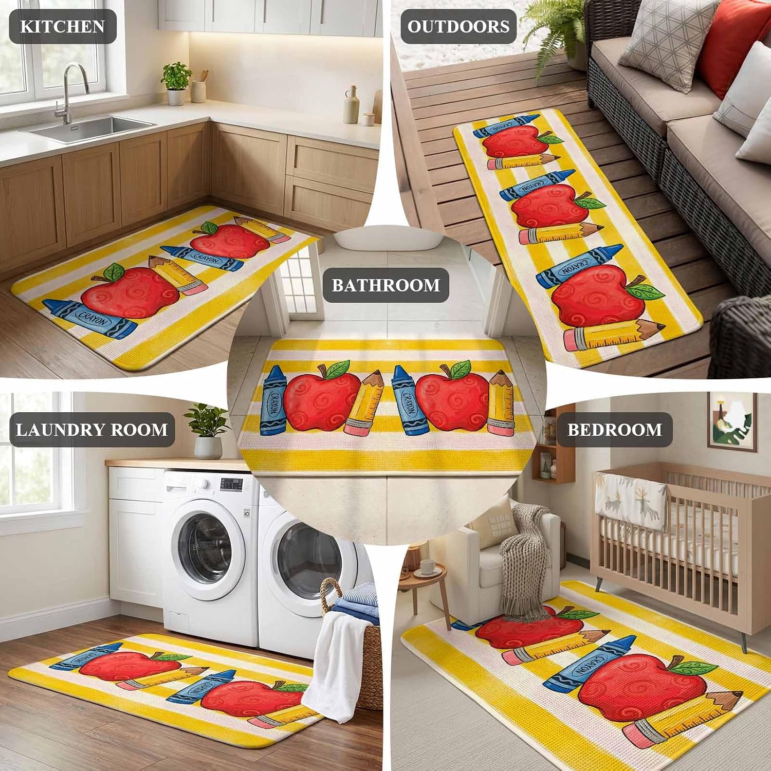 Entryway Rug Indoor, Children's Day Absorbent Non Slip Washable Rug, Funny Cartoon Pencil Yellow Striped Low Profile Front Door Carpet Runner for Front Door, Garage, Patio, 31.5x47 in