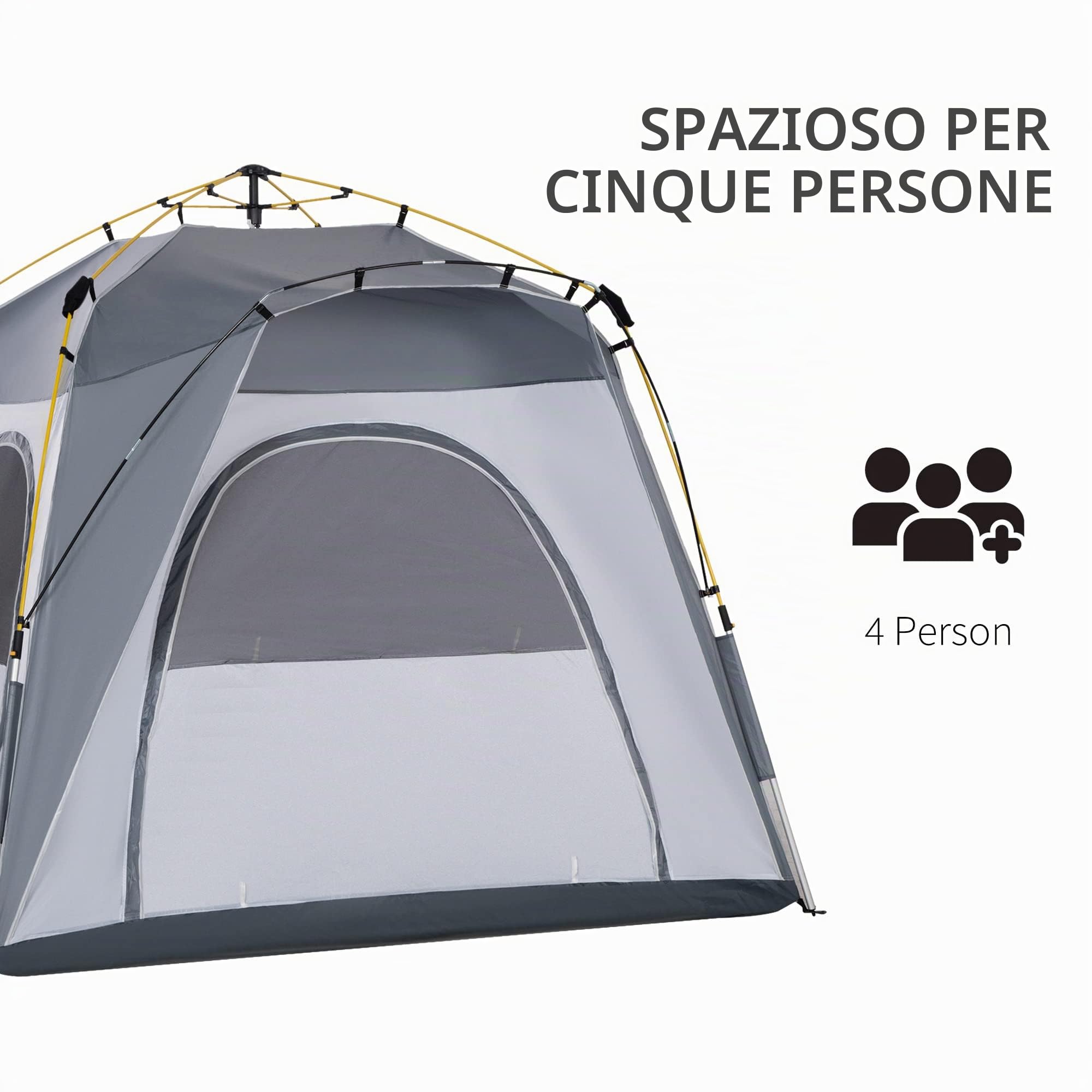 Outsunny - Tenda da campeggio per famiglie, 4 persone, montaggio istantaneo Pop-up 4 finestre, parasole, dim. 2,4 x 2,4 x 1,99 H m fibra di vetro poliestere