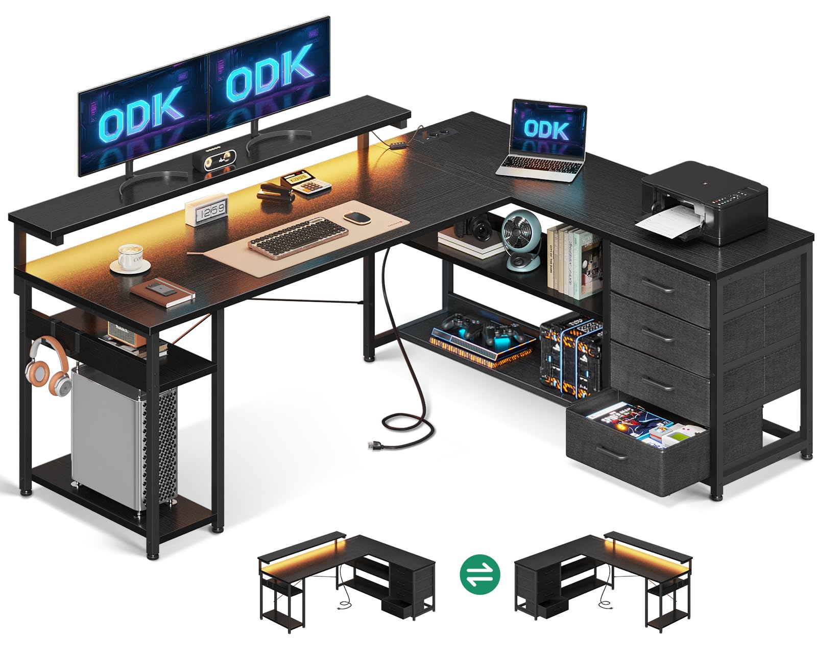 ODK Scrivania con Cassetti, Scrivania ad Angolo Reversibile con 2 Prese e 2 Porte USB, Scrivania ad L con LED per Ufficio a Casa, Nero, 155×110cm