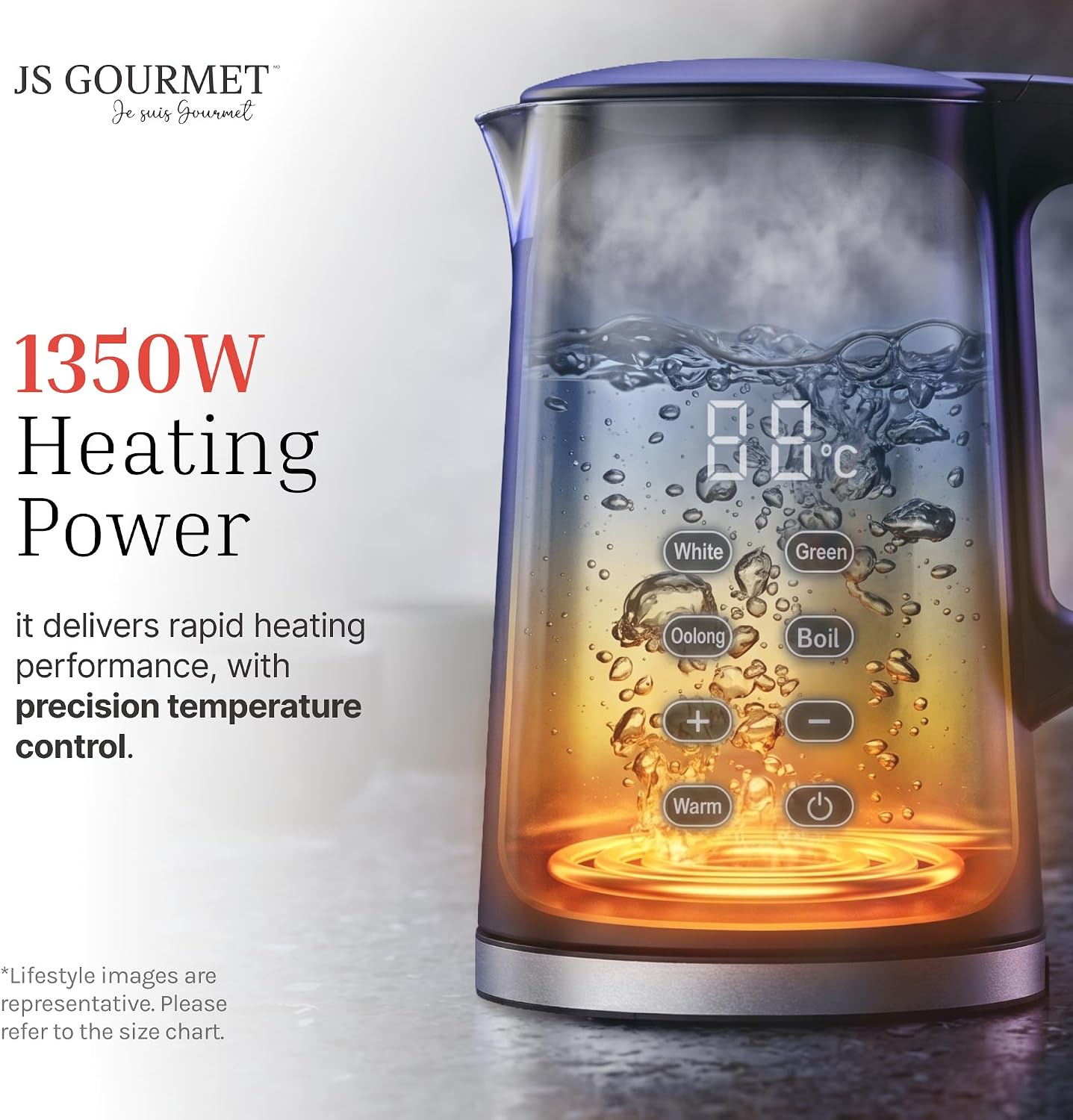 JS Gourmet 1.7L Smart Digital Electric Kettle, 1350W Fast Boiling