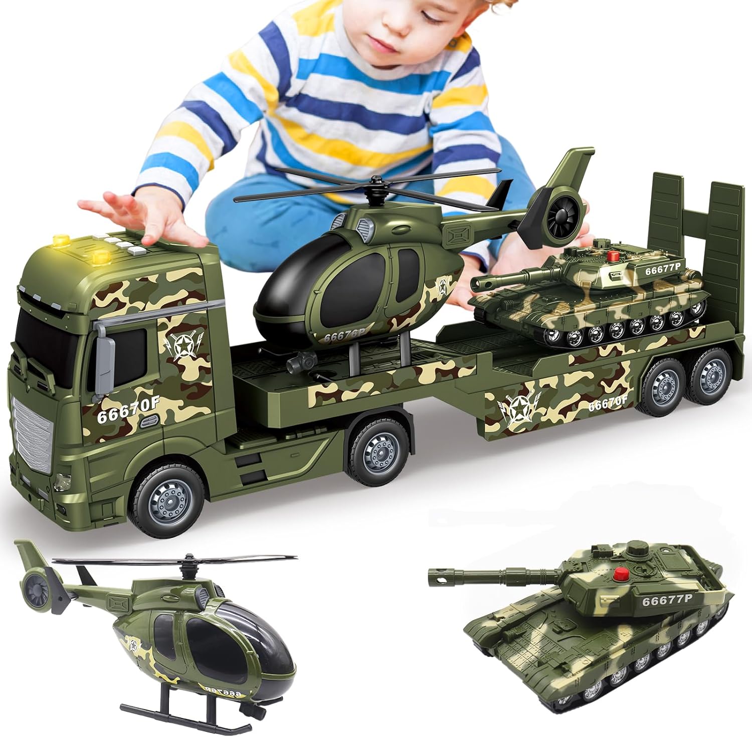 Big Green Military Truck Toy - 25.6’’ Large Semi Truck Toy with Helicopter and Tank - Army Toys with Sounds & Light, Friction Powered Cars Toys Birthday Gift for Kids Boys Girls 3 4 5 6 7 8