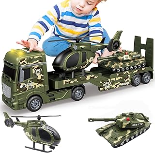 Yiwsnust Big Green Military Truck Toy - 25.6’’ Large Semi Truck Toy with Helicopter and Tank - Army Toys with Sounds & Light, Friction Powered Cars Toys Birthday Gift for Kids Boys Girls 3 4 5 6 7 8