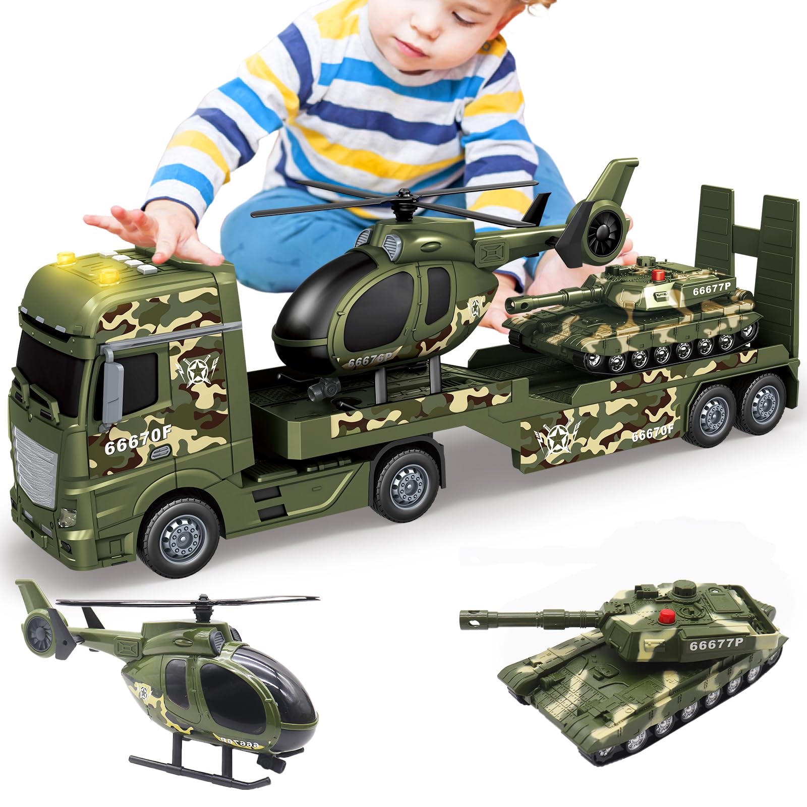 Mostop Large Flatbed Semi Truck, 25.6’’ Large Army Truck Toy with Helicopter and Tank, Friction Powered Military Transport Toy with Light & Sounds, Army Toys Birthday Gift for Kids Aged 3-8