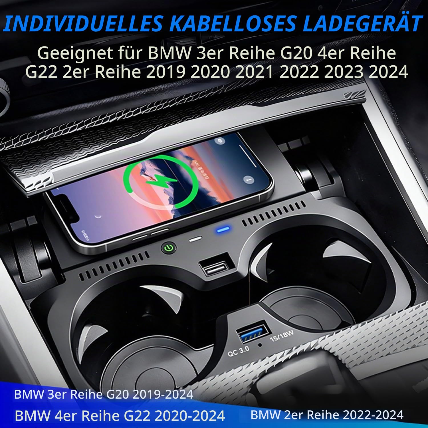 Kabelloses Ladegerät für BMW 3er G20 2019–2024/BMW 4er G22 2020–2024/2er | OEM-Passform mit 18W QC3.0 USB, BMW 3er G20 2019–2024 BMW 4er G22 2020–2024 Schnellladendes Handy-Ladegerät (Nicht für NFC)