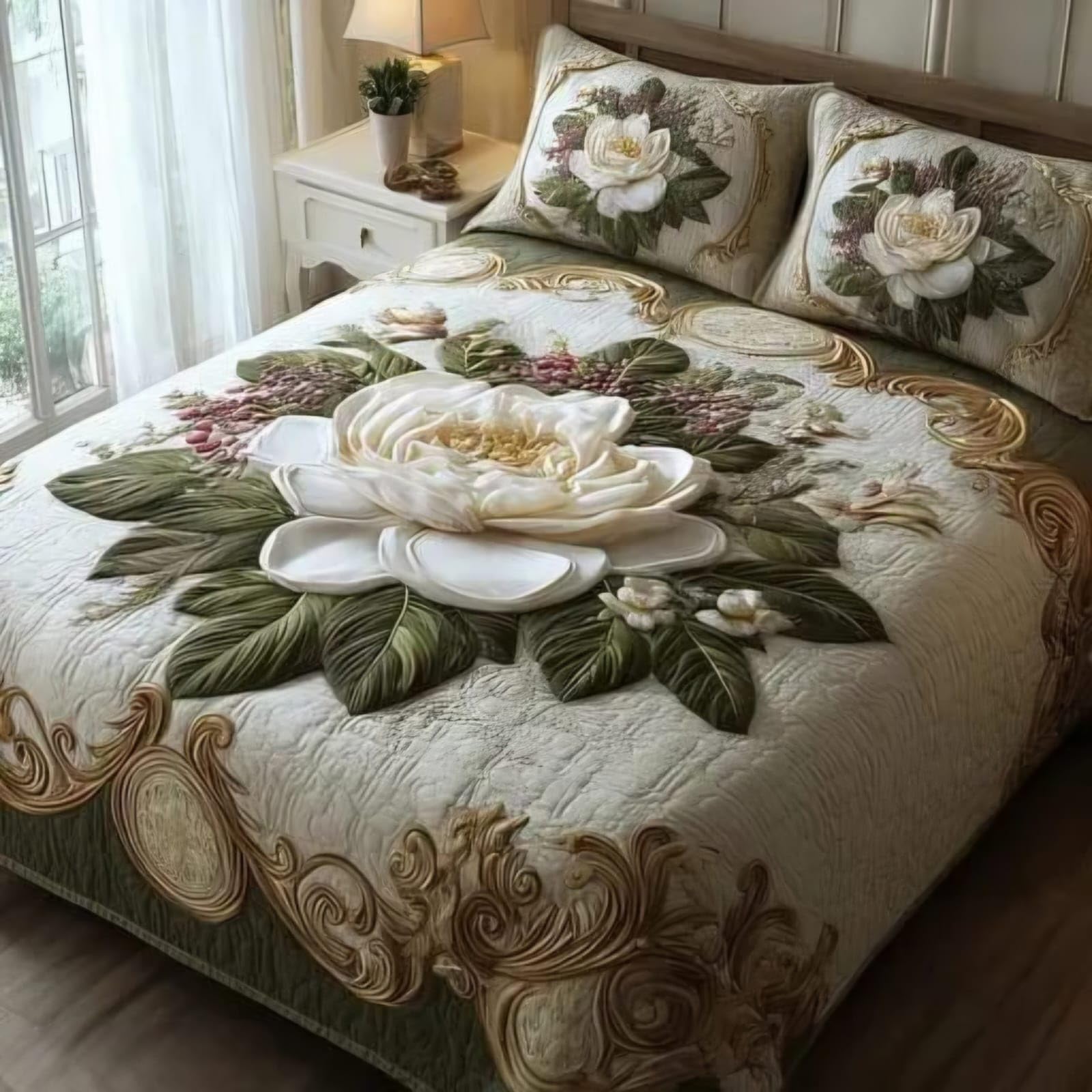 Floral Quilted Bedspread Set with 7D Magnolia Print | 2 Pillow Shams Included, Vintage Botanical Design, Gold Scroll Border, Bedroom Decor, 3-Piece Bed Set-image-6