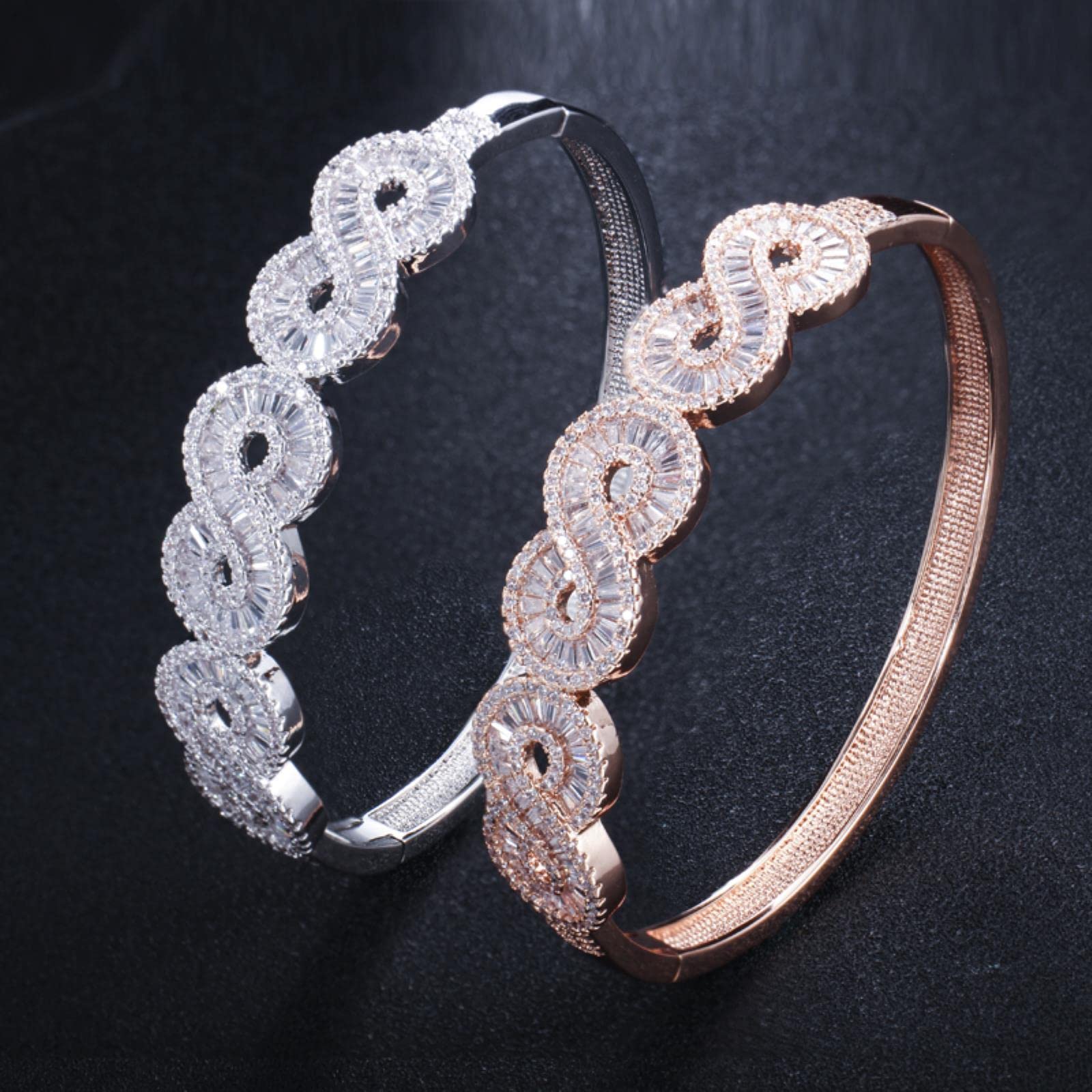 Zirconi Moda Cubic Zirconia Pavimentata In Oro Rosa E Argento Placcato Big Infinity Open Cuff Bangles Jewelry Per Le Donne