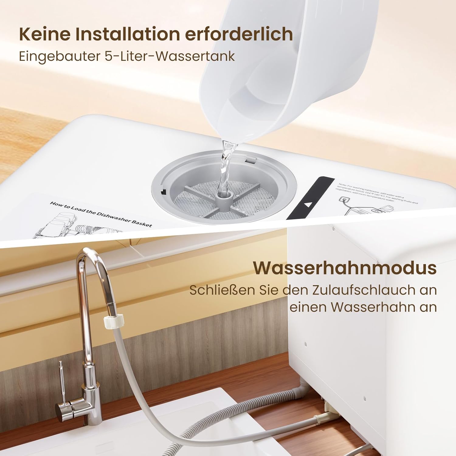 Filling water into the HAVA dishwasher's built-in tank and connecting to a faucet