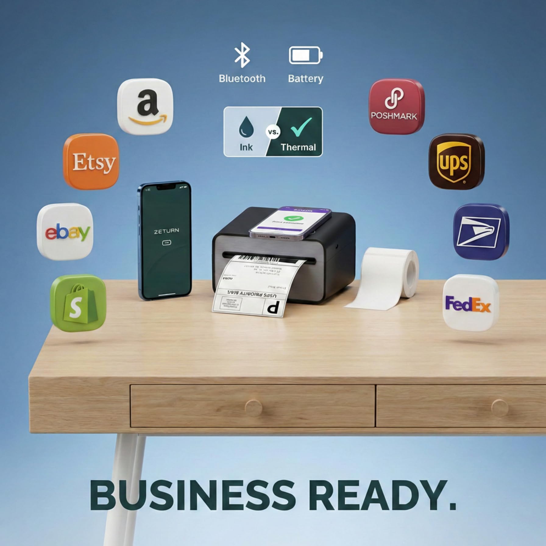 4x6 Thermal Shipping Label Printer - Wireless Bluetooth, Rechargeable Battery, No Ink Needed - for iPhone, Android, Home — view 9