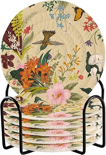 Coasters Set of 6 with Holder Table Coasters for Drinks Table Coasters Posavasos para Mesa Vintage Floral Exotic