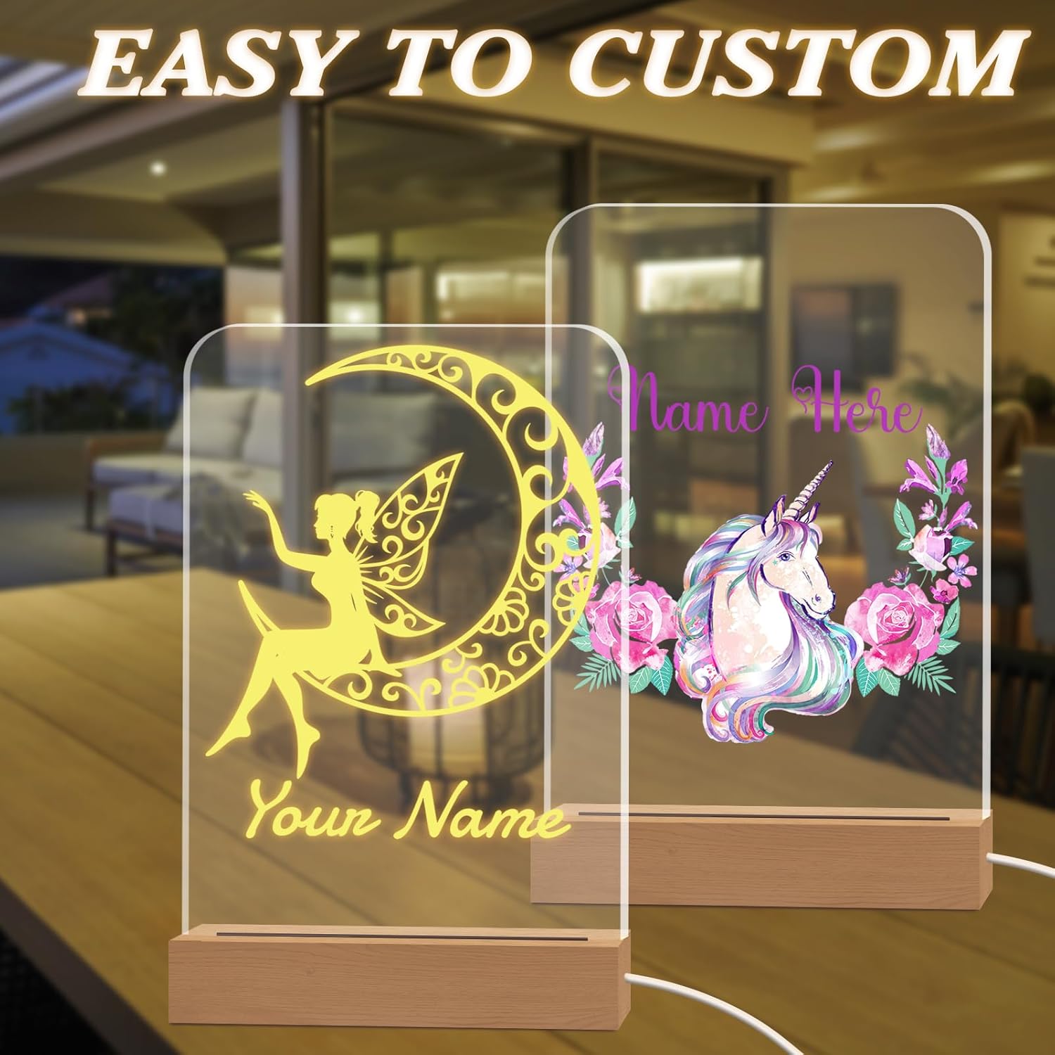 Aolun Personalized Night Light with Name Custom Acrylic Led Night Lamp with Base for Kid Boy Girl Room Decor_Castles