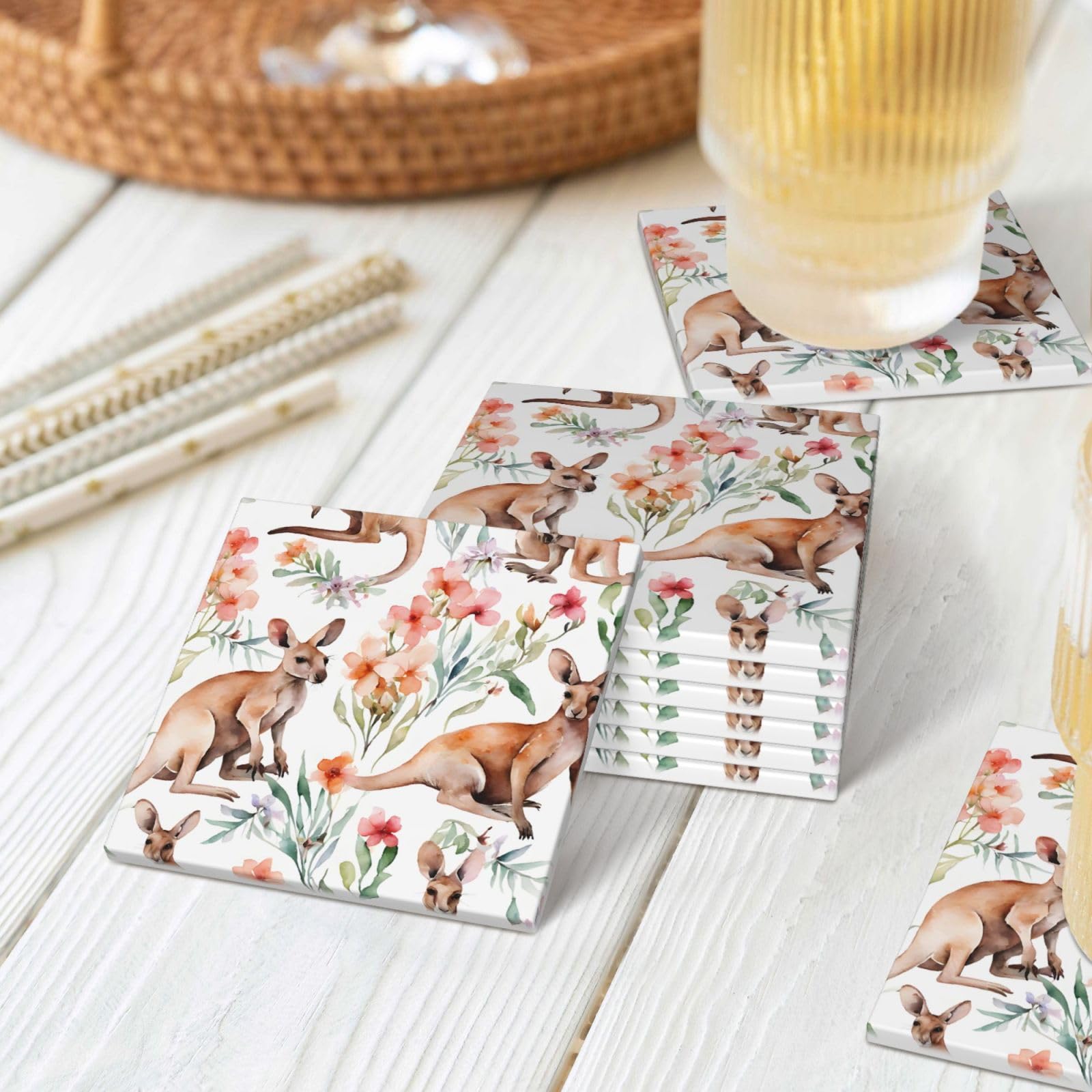 Keramikuntersetzer mit lustigem Cartoon-Känguru-Zoo, quadratisch, saugfähig, mit Halter, für Zuhause, Büro, Bar, Restaurant, 6 Stück