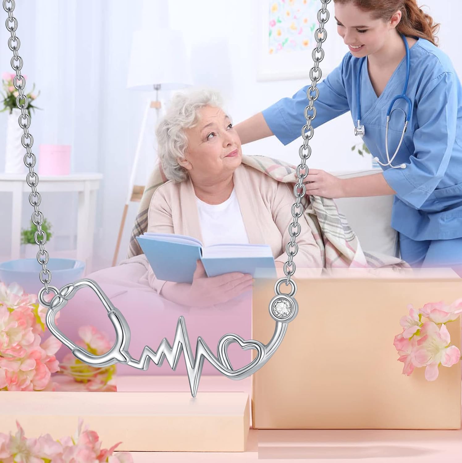 Diamond Nurse Necklaces for Women 925 Sterling Silver Heart Stethoscope Necklace Diamond Jewelry Gifts for Doctor Nurse Student Nurses Day