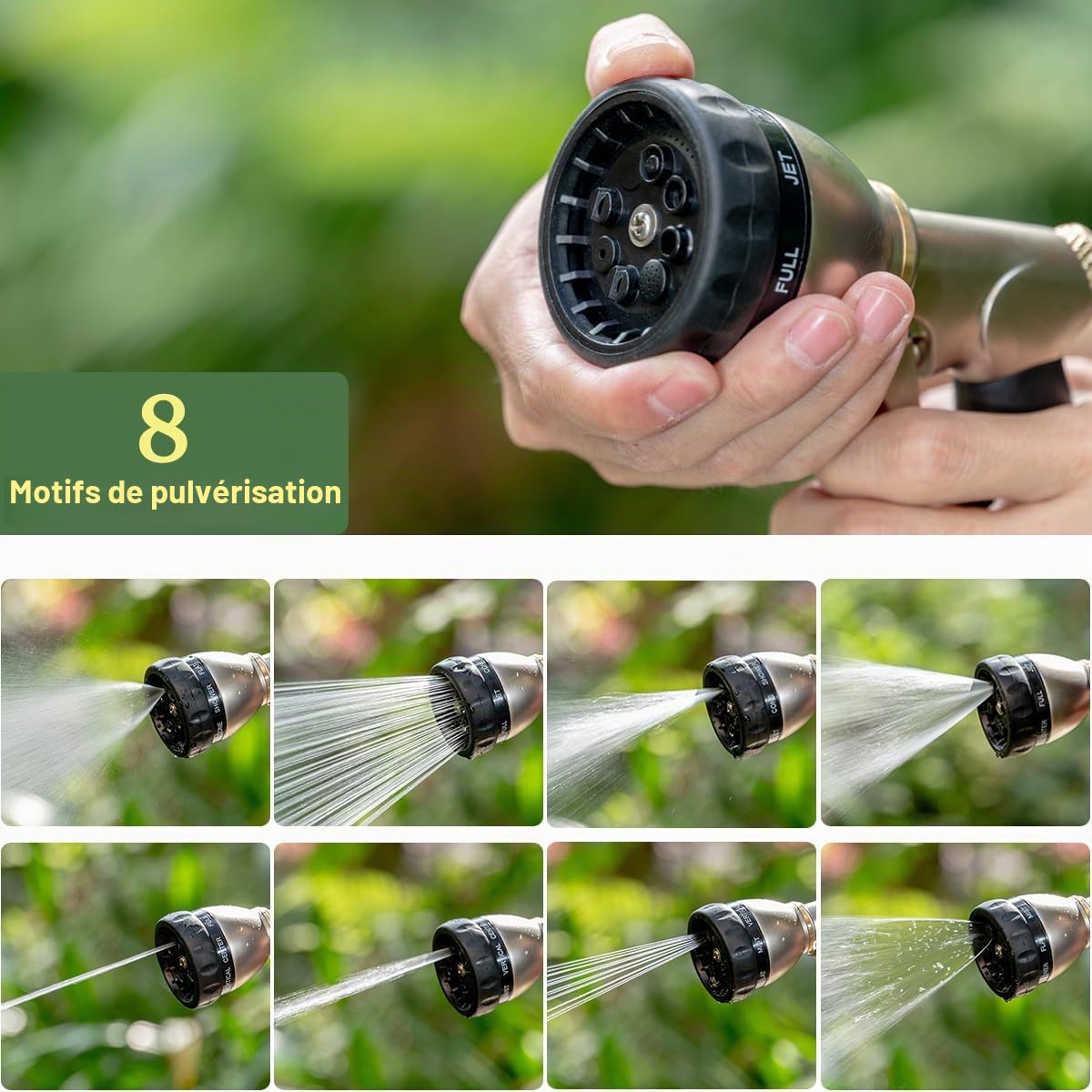 FANHAO pistolet arrosage 100% métallique avec 8 modes de pulvérisation réglables,pistolets d'arrosage haute pression avec poignée antidérapante pour arroser les plantes et les pelouses-Noir