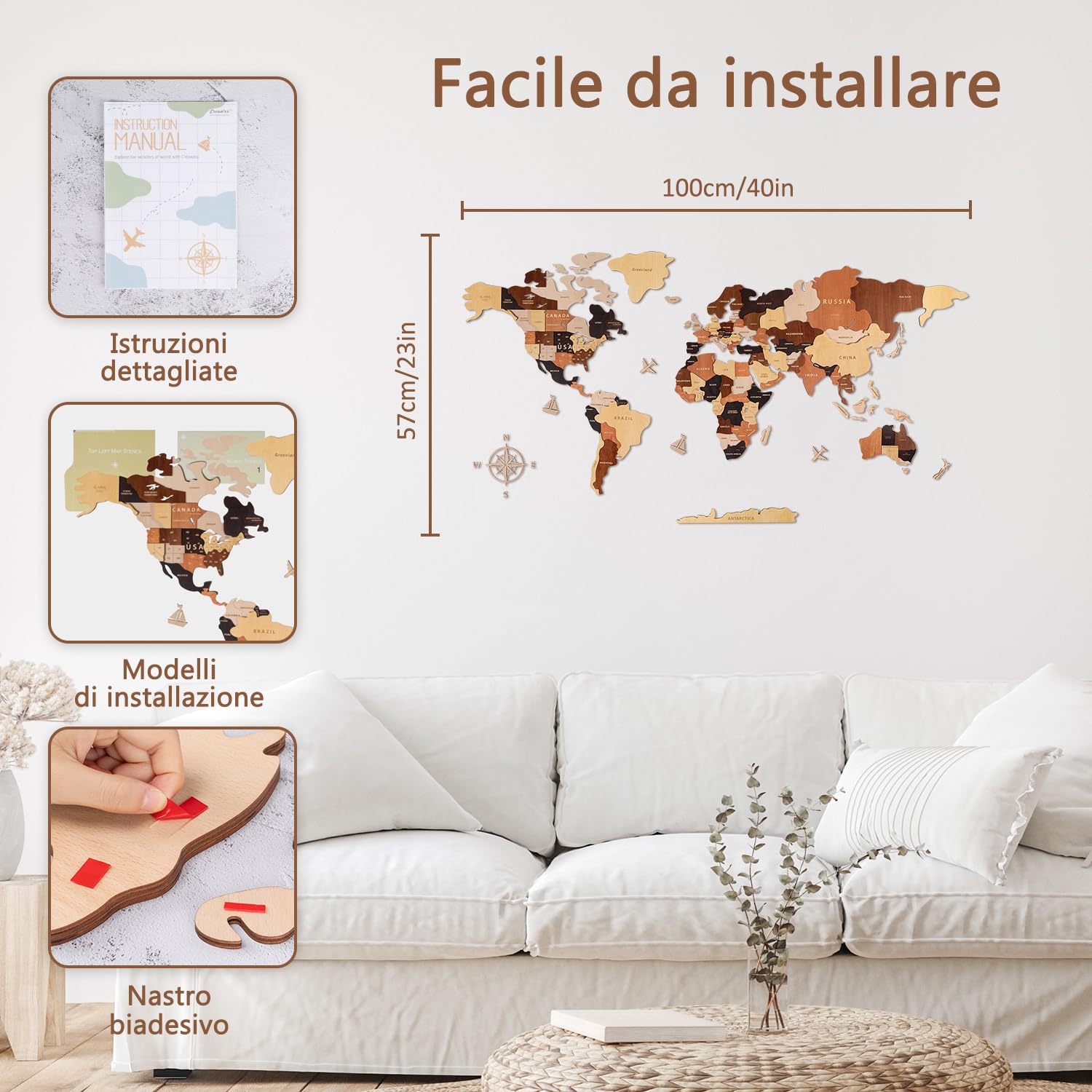 Creawoo 3D Mappa del Mondo in Legno da Parete Decorazione, multistrato mappamondo in legno decorazione da parete arte per casa, ufficio, camera, idea regalo per ogni occasione-100x57cm