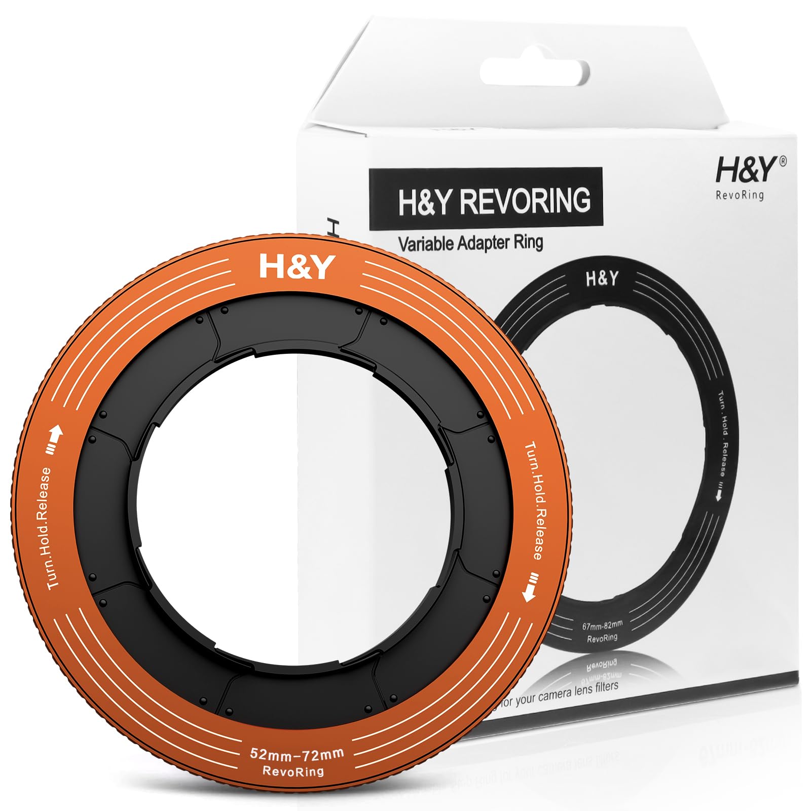 H&Y RevoRing Regulowany pierścień Step Up 52-72 mm do 77 mm, zmienny pierścień adaptera filtra obiektywu, uniwersalny system krokowy, pasuje do 52, 55, 58, 62, 67, 72 mm, pomarańczowy