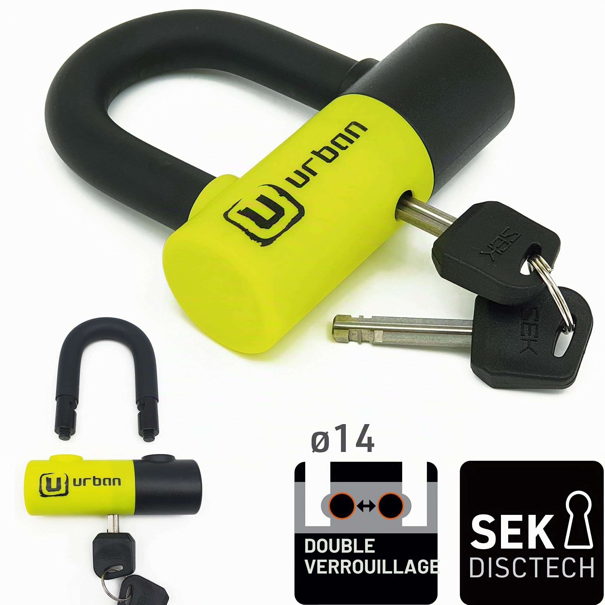 URBAN UR59K150 Antivol moto chaîne en acier trempé de 13,5 mm avec cadenas solide Mini U 14 mm, 150 cm, noir/jaune