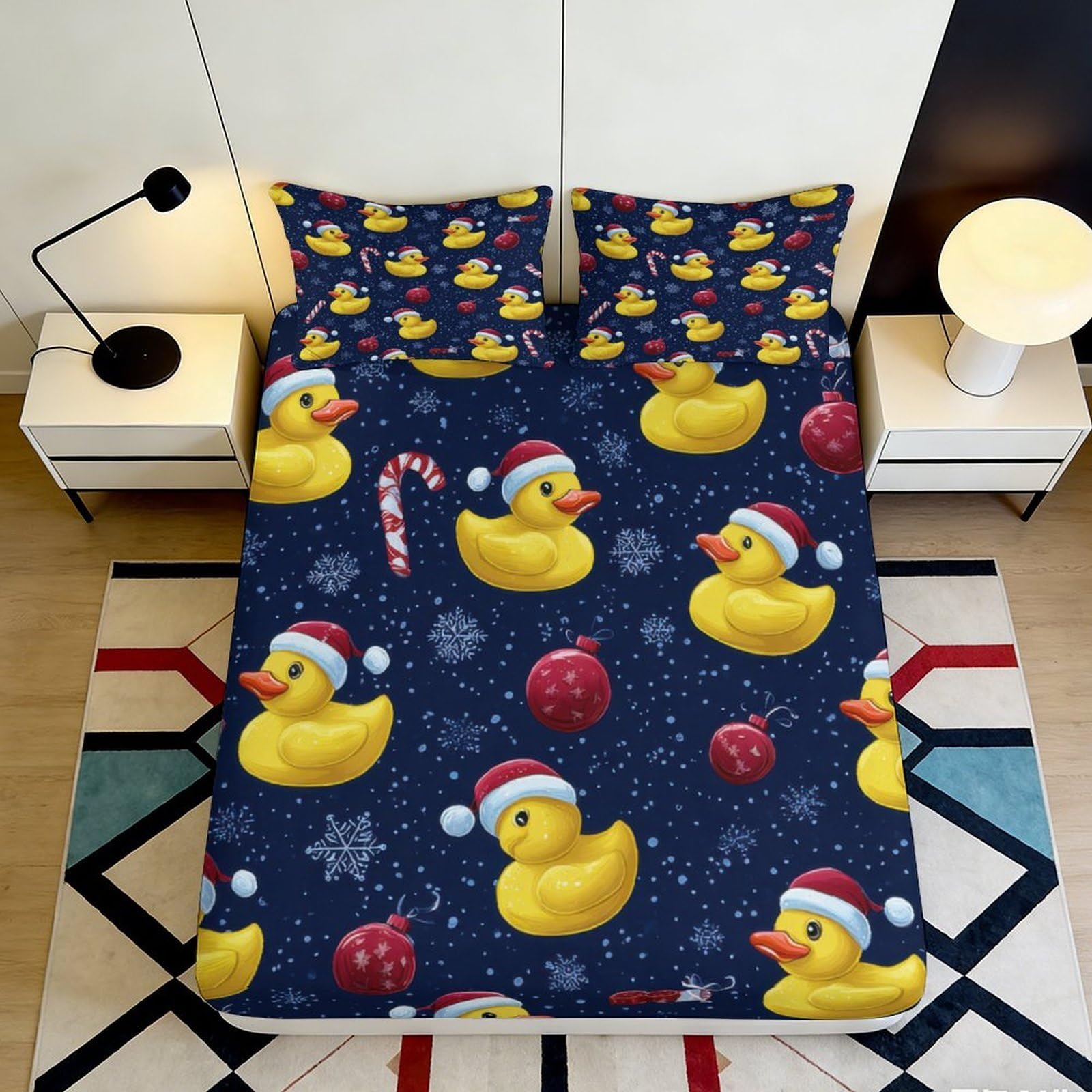 3D Printed Christmas Duck Fitted Sheet Microfiber Elastic Hem Bedroom Bedding Christmas Duck Mattress Fitted Cover Deep Pocket 120x200x25cm