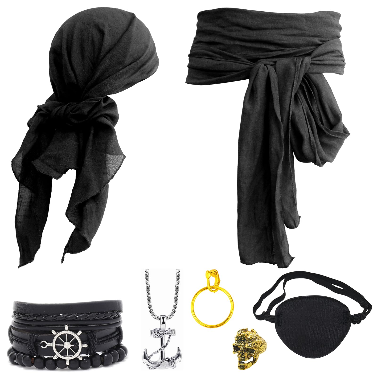 Ginkago 7 Pieces Medieval Pirate Costume Accessory Set Women Men Pirate Fancy Dress Accessories Headscarf Eye Patch Earrings Necklace Bracelet Hip Scarf for Halloween Cosplay Party (Black)