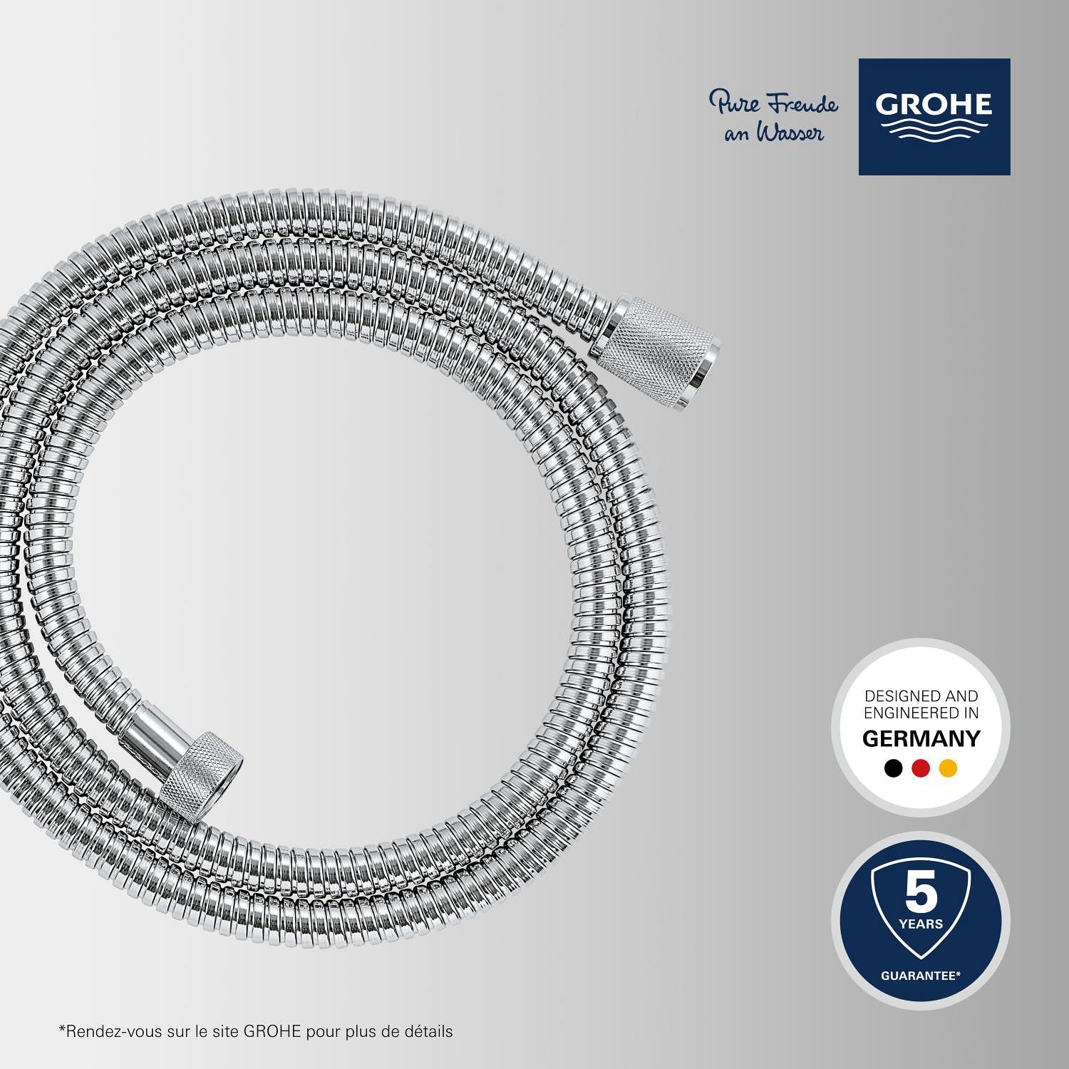 GROHE Flexible tuyau de douche salle de bains VitalioFlex métallique, tuyau de douche 1500mm, anti-pliures, finition brillante, raccord fileté universel 1/2", chromé, 27502001 (Import Allemagne)