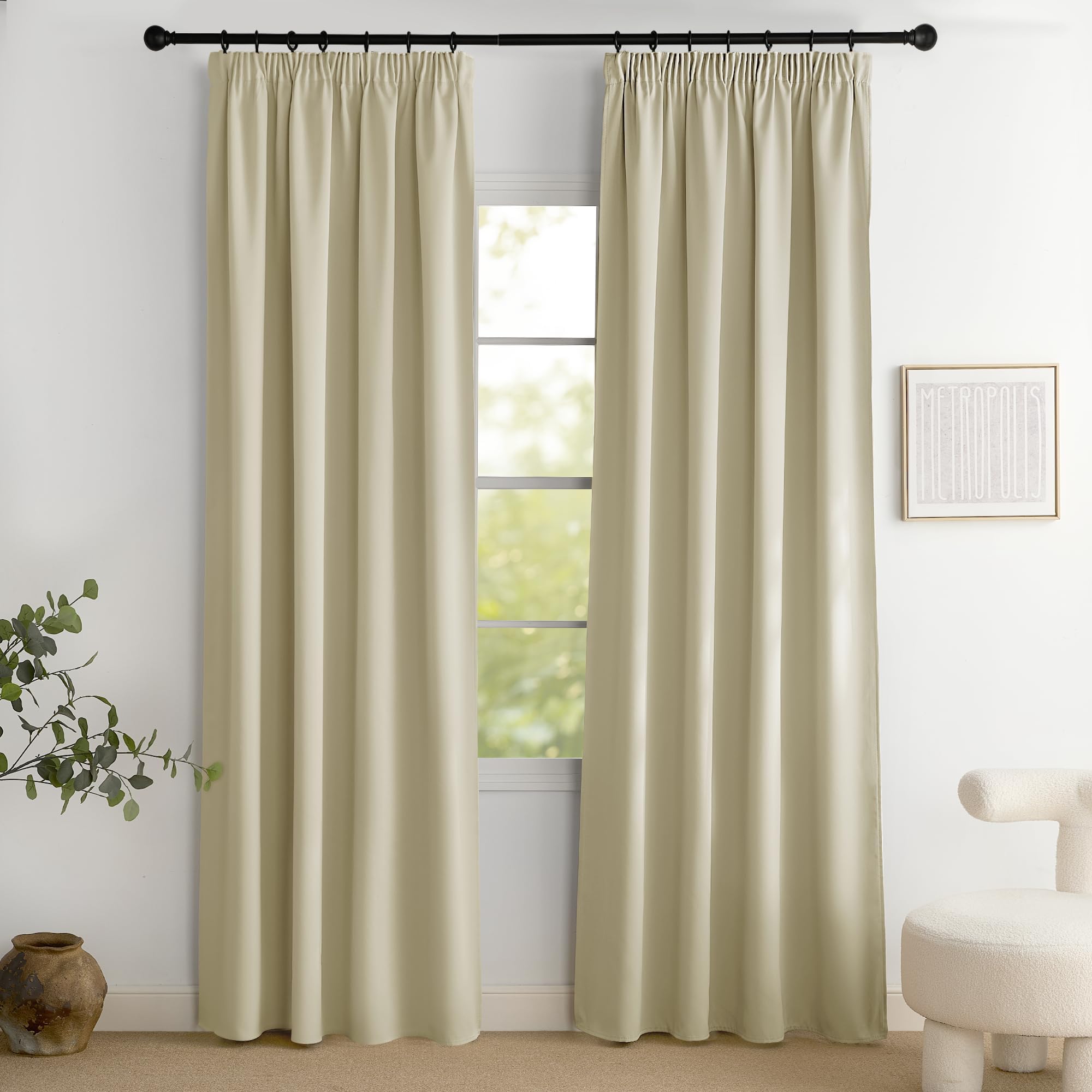 PONY DANCE 100% Tende Oscuranti Camera da Letto con Fettuccia Tende Termiche Isolanti Salotto Moderne Blackout Curtains per Interni 2 Pezzi L 140 x A 220 cm, Beige Chiaro