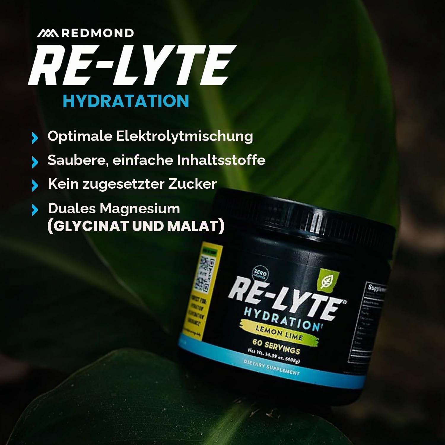REDMOND Re-Lyte HYDRATION Drink Mix LEMON LIME LARGE, 408g Dose - Elektrolytepulver, zuckerfrei, mit echtem Redmond Real Salt und über 60 wichtigen Mineralstoffen & Spurenelementen