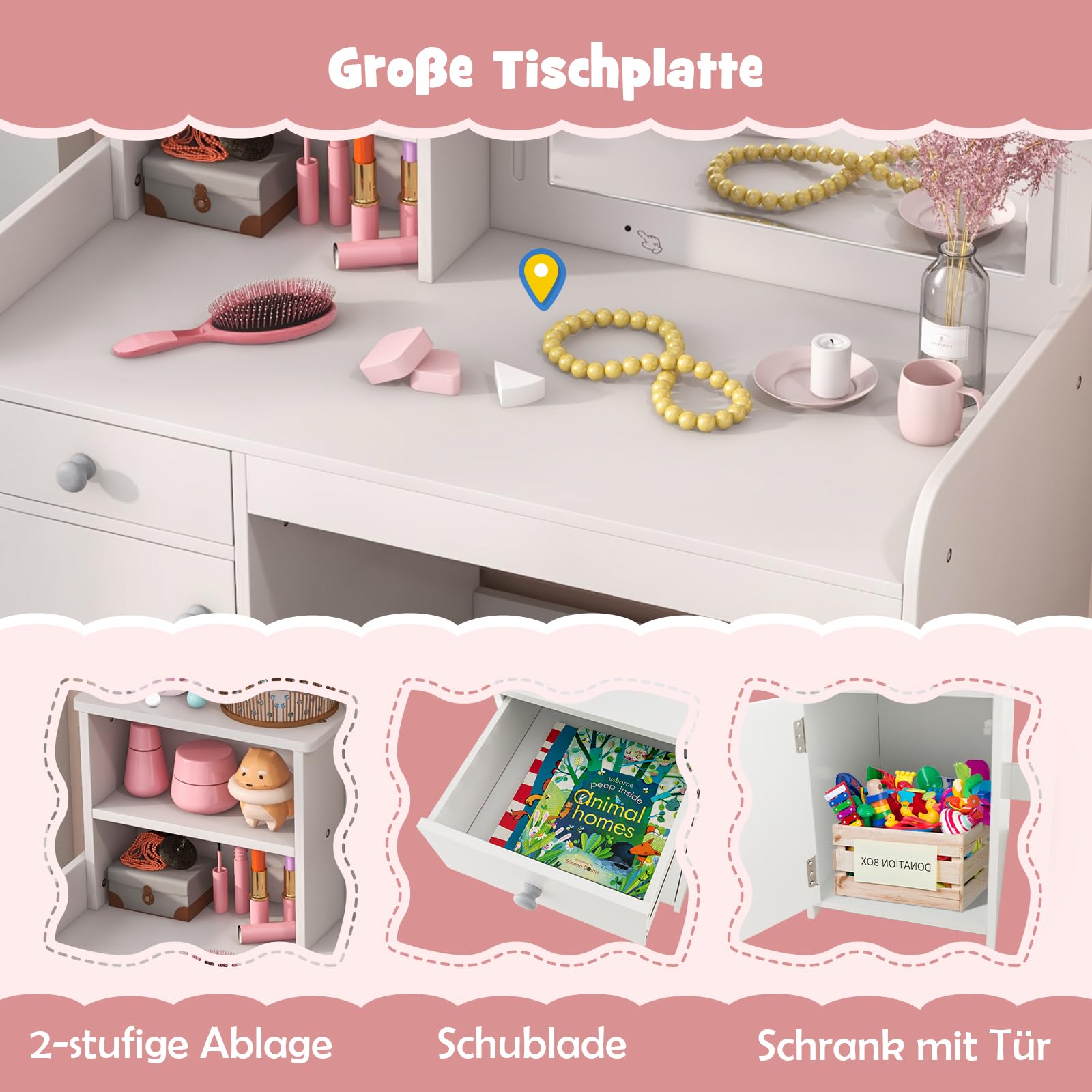 DREAMADE 2 in 1 Schminktisch Kinder mit Hocker und LED-Spiegel, Prinzessin Frisiertisch mit Schublade & Regal & Schrank, Make-up Kosmetiktisch, Kinderschminktisch aus Holz für Kinder (Weiß)