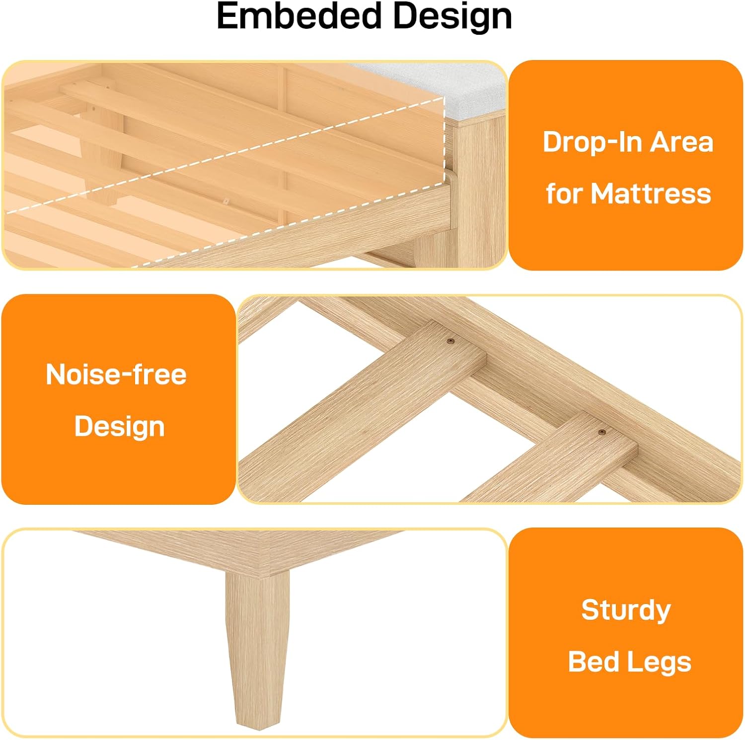 VINGLI Queen Bed Frame with Storage Headboard and Charging Station, Rattan Platform Bed with Shelves and Bench, Modern Wood Bed No Box Spring Needed, Space Saving Design for Bedroom